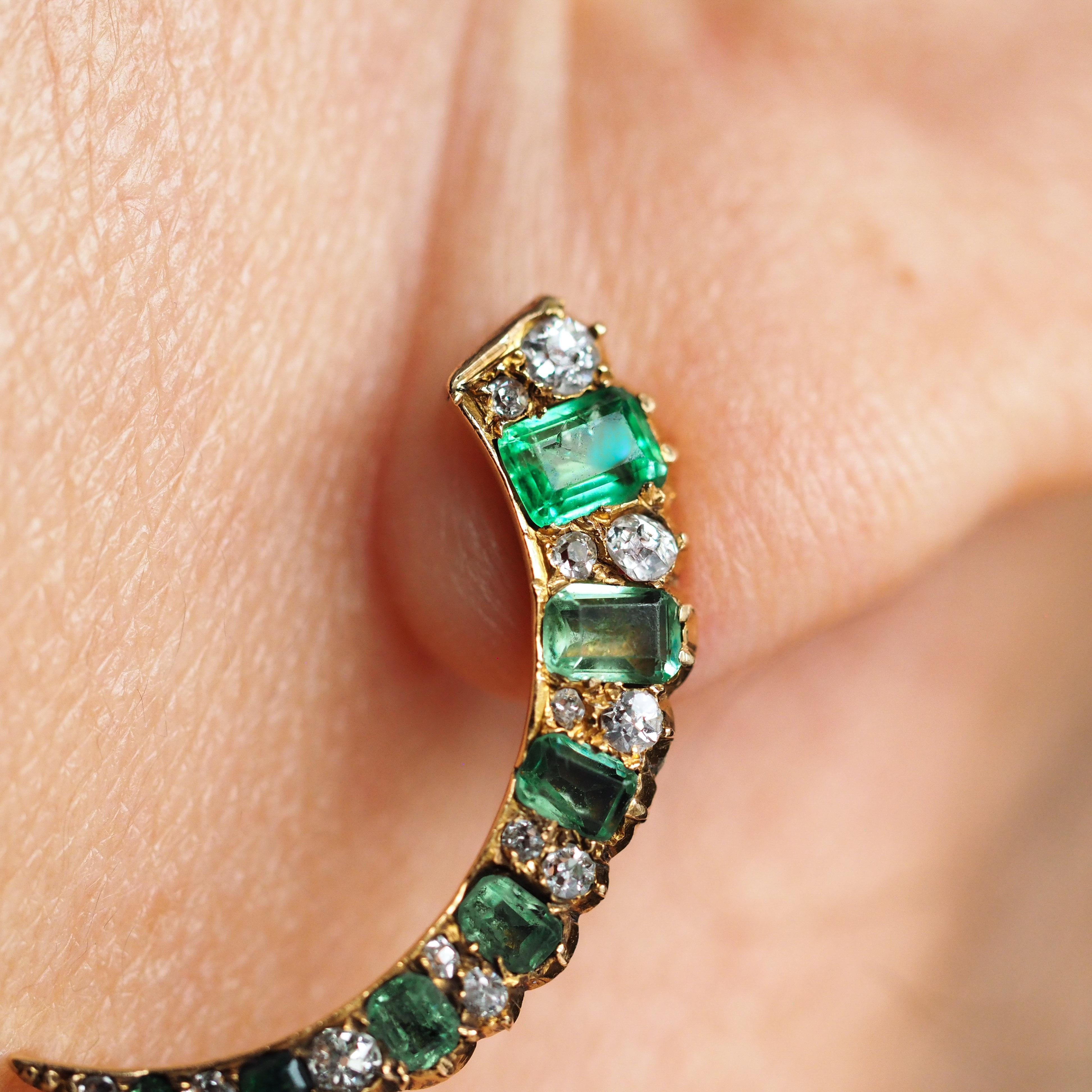 Women's or Men's Antique Victorian Emerald & Diamond Earrings 18K Gold Crescent Design - c.1890 For Sale