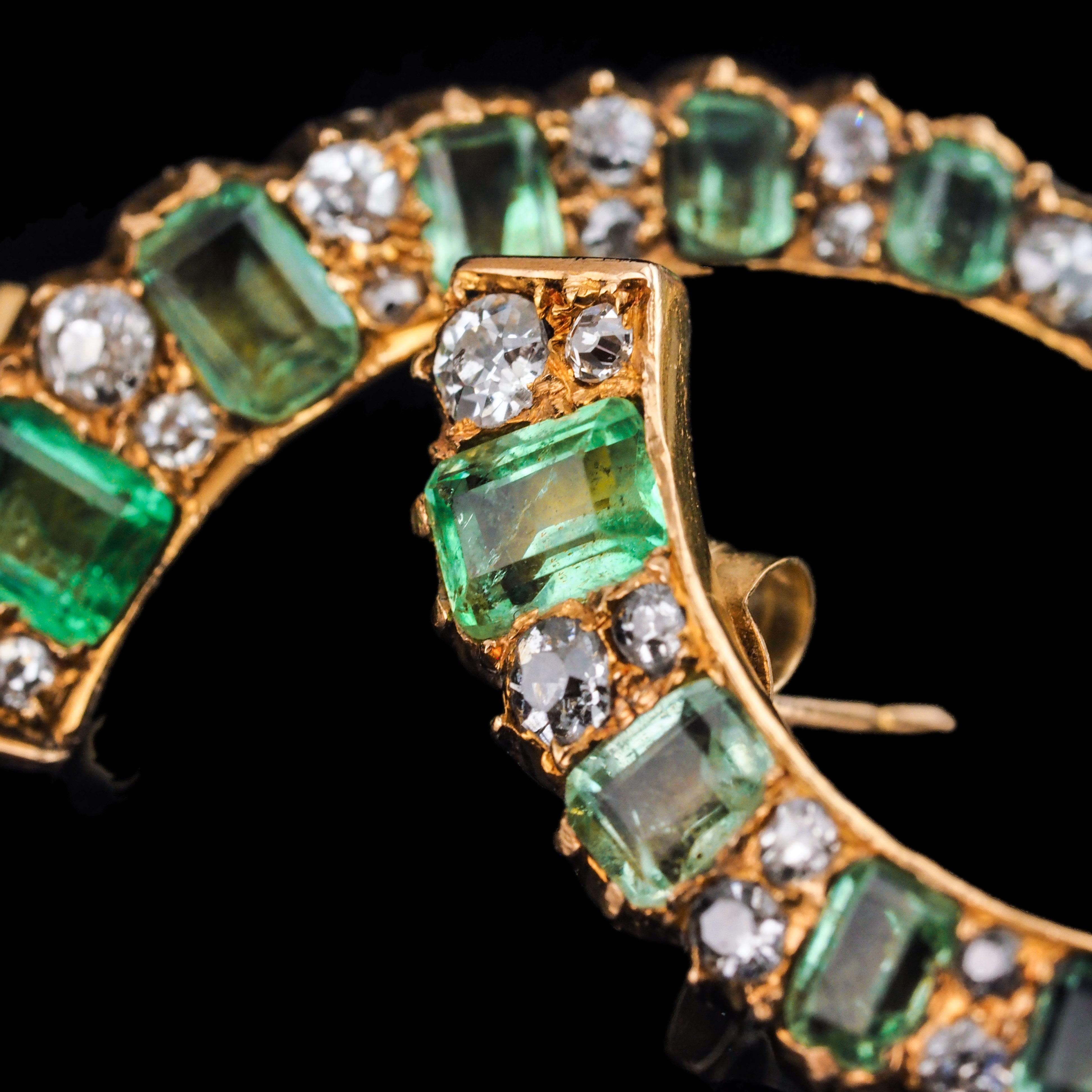 Antique Victorian Emerald & Diamond Earrings 18K Gold Crescent Design - c.1890 For Sale 2