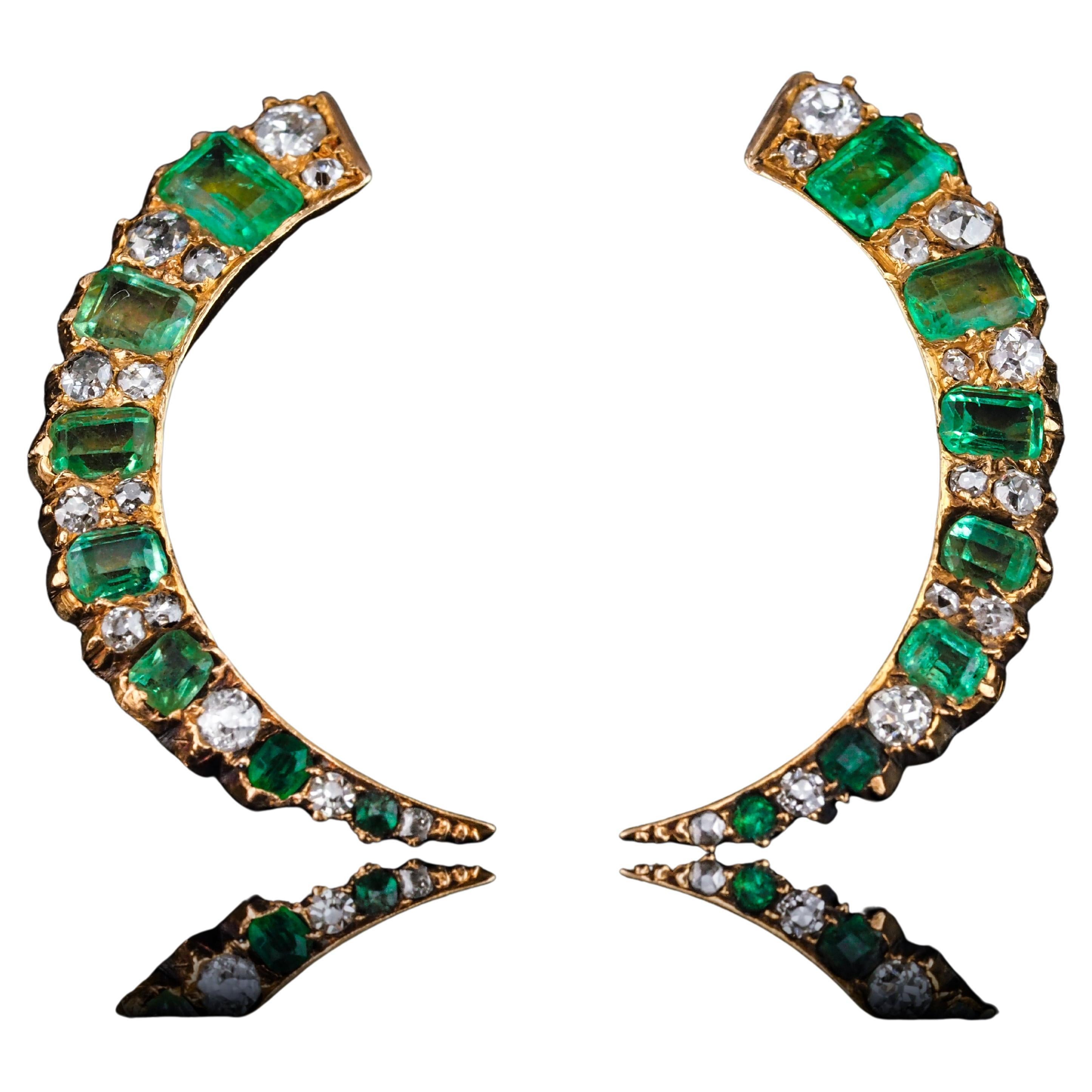 Antique Victorian Emerald & Diamond Earrings 18K Gold Crescent Design - c.1890 For Sale