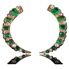 Antique Victorian Emerald & Diamond Earrings 18K Gold Crescent Design - c.1890