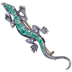 Antique Victorian Emerald Diamond Lizard Brooch 9 Carat Gold Silver, circa 1900