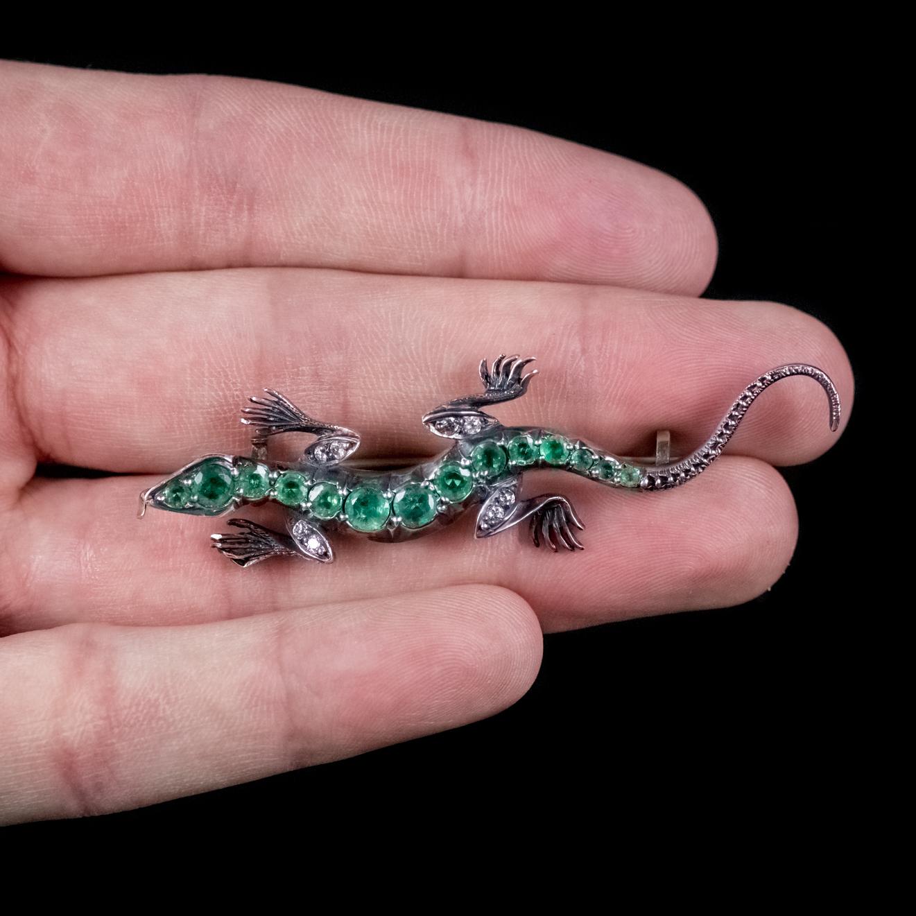 Antique Victorian Emerald Diamond Lizard Brooch 9 Carat Gold Silver, circa 1900 3