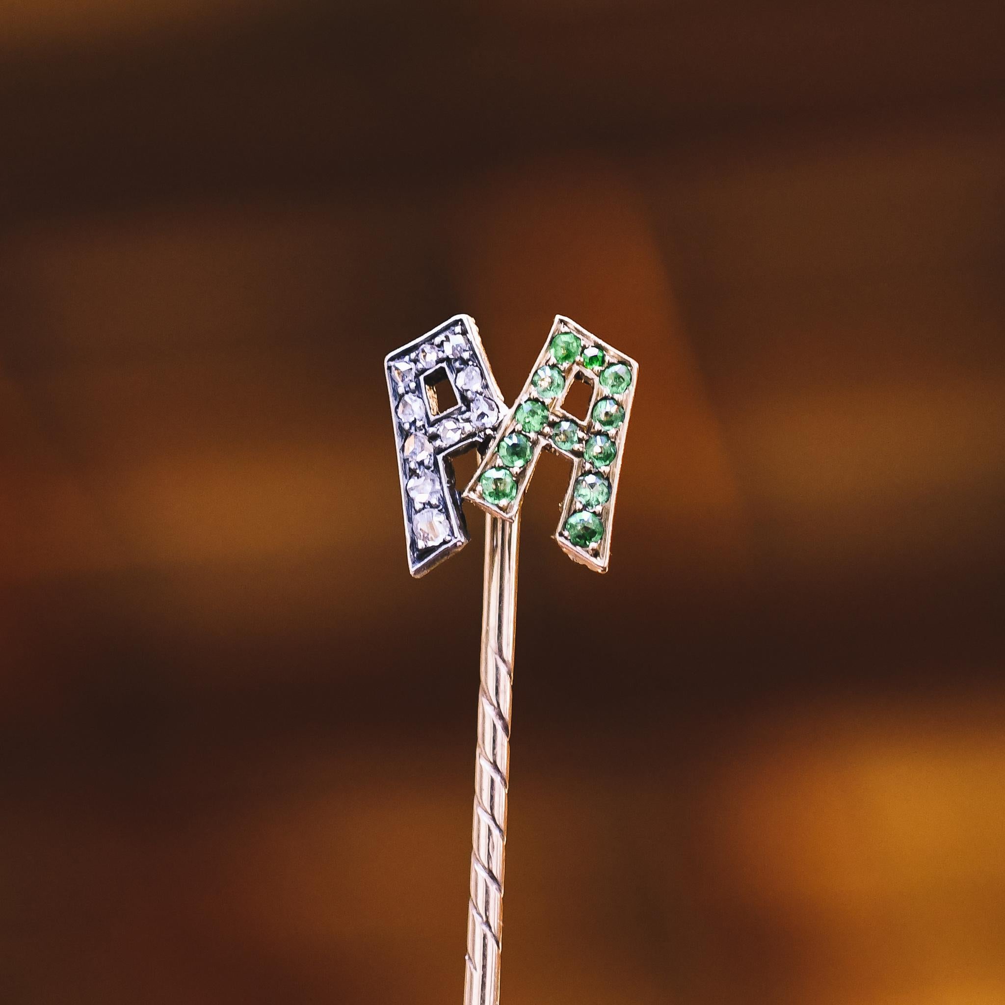Antique Victorian Emerald Diamond PA Stick Pin In Good Condition In Sale, Cheshire