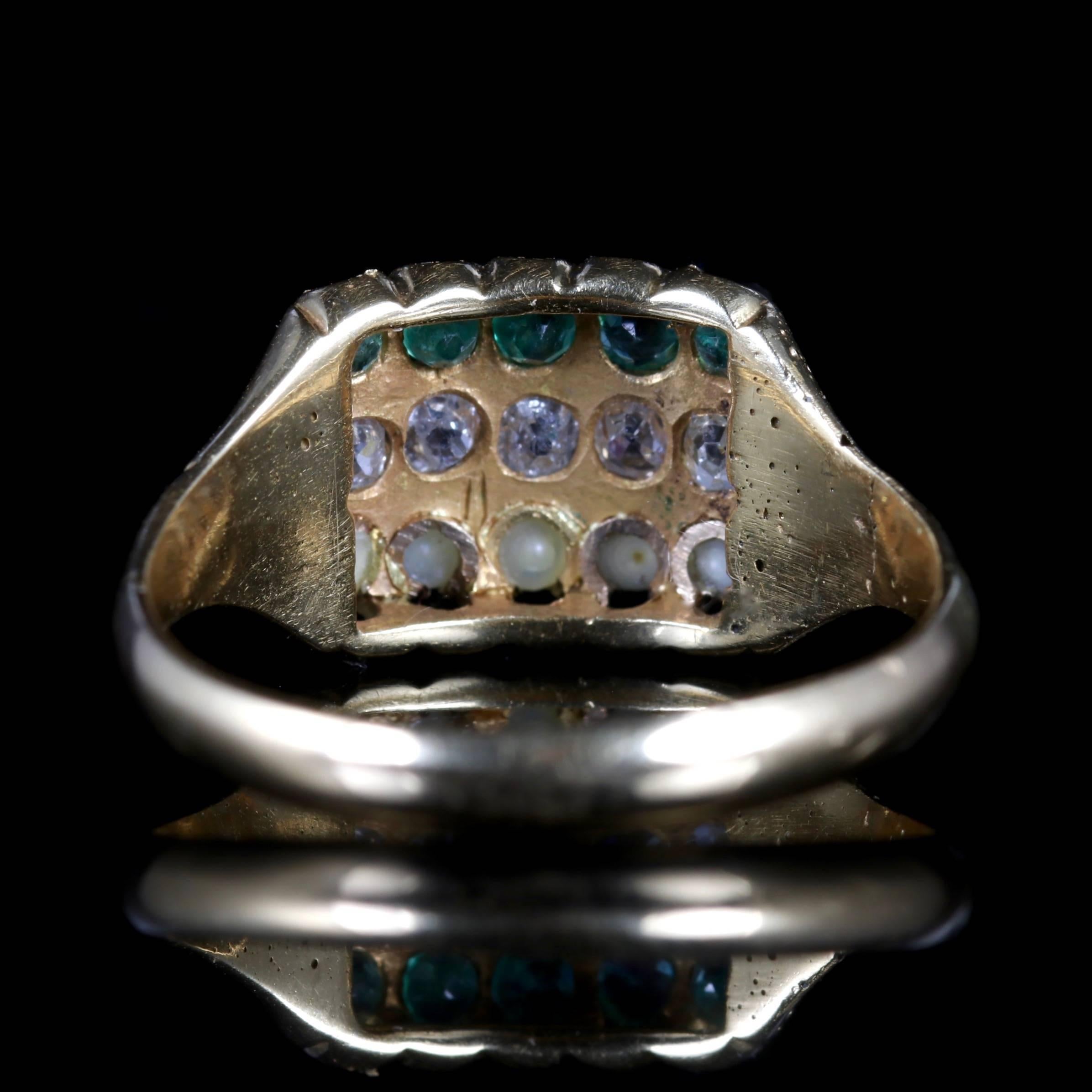 Antique Victorian Emerald Diamond Pearl Ring 18 Carat Gold Dated 1882 In Excellent Condition In Lancaster, Lancashire