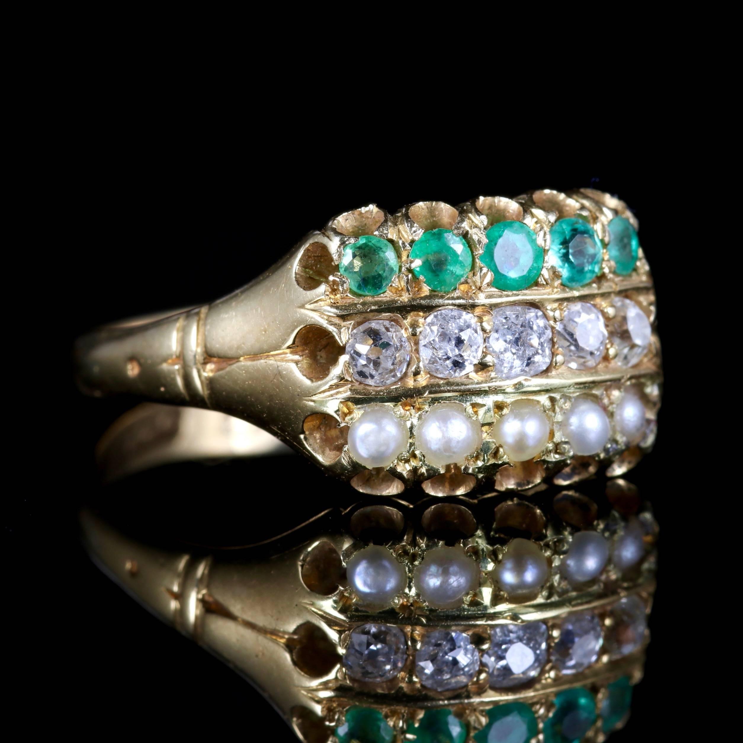 Women's Antique Victorian Emerald Diamond Pearl Ring 18 Carat Gold Dated 1882
