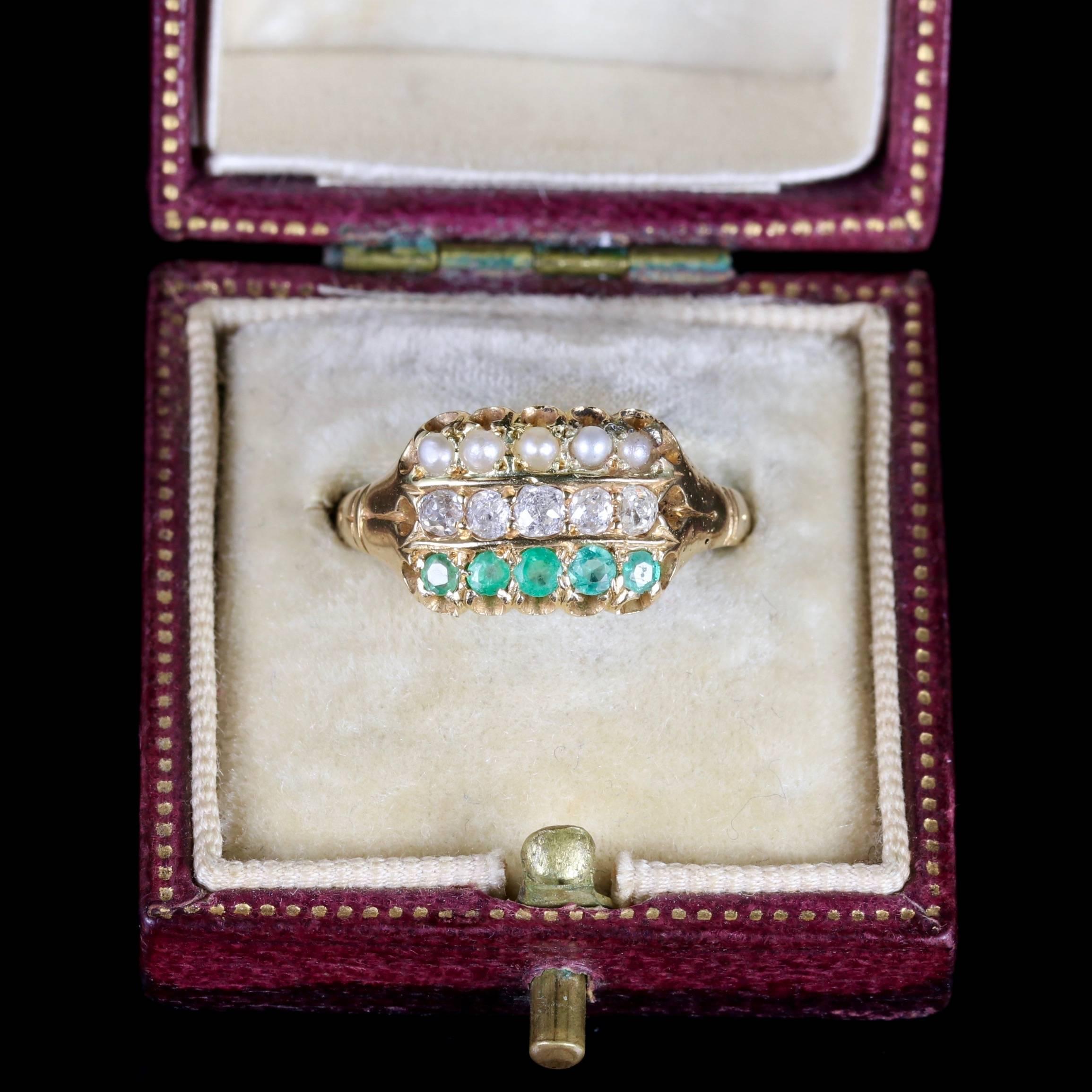 Antique Victorian Emerald Diamond Pearl Ring 18 Carat Gold Dated 1882 2