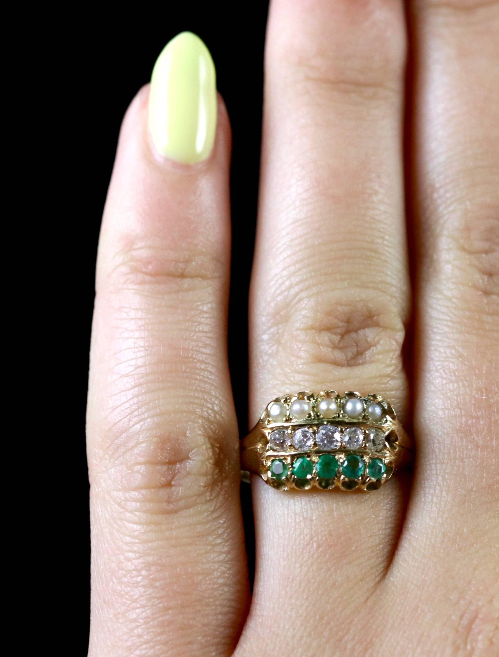 Antique Victorian Emerald Diamond Pearl Ring 18 Carat Gold Dated 1882 3