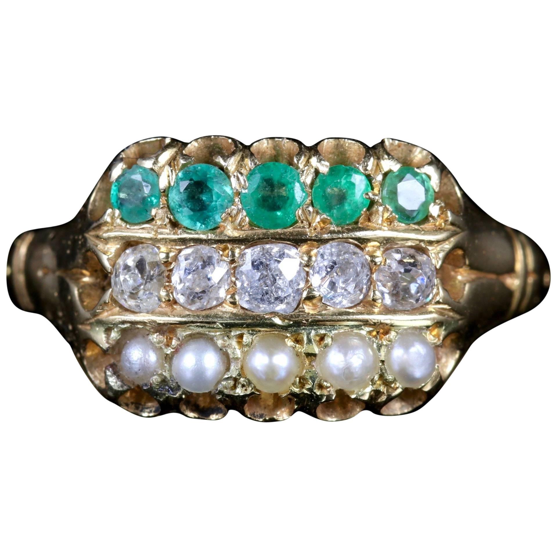 Antique Victorian Emerald Diamond Pearl Ring 18 Carat Gold Dated 1882