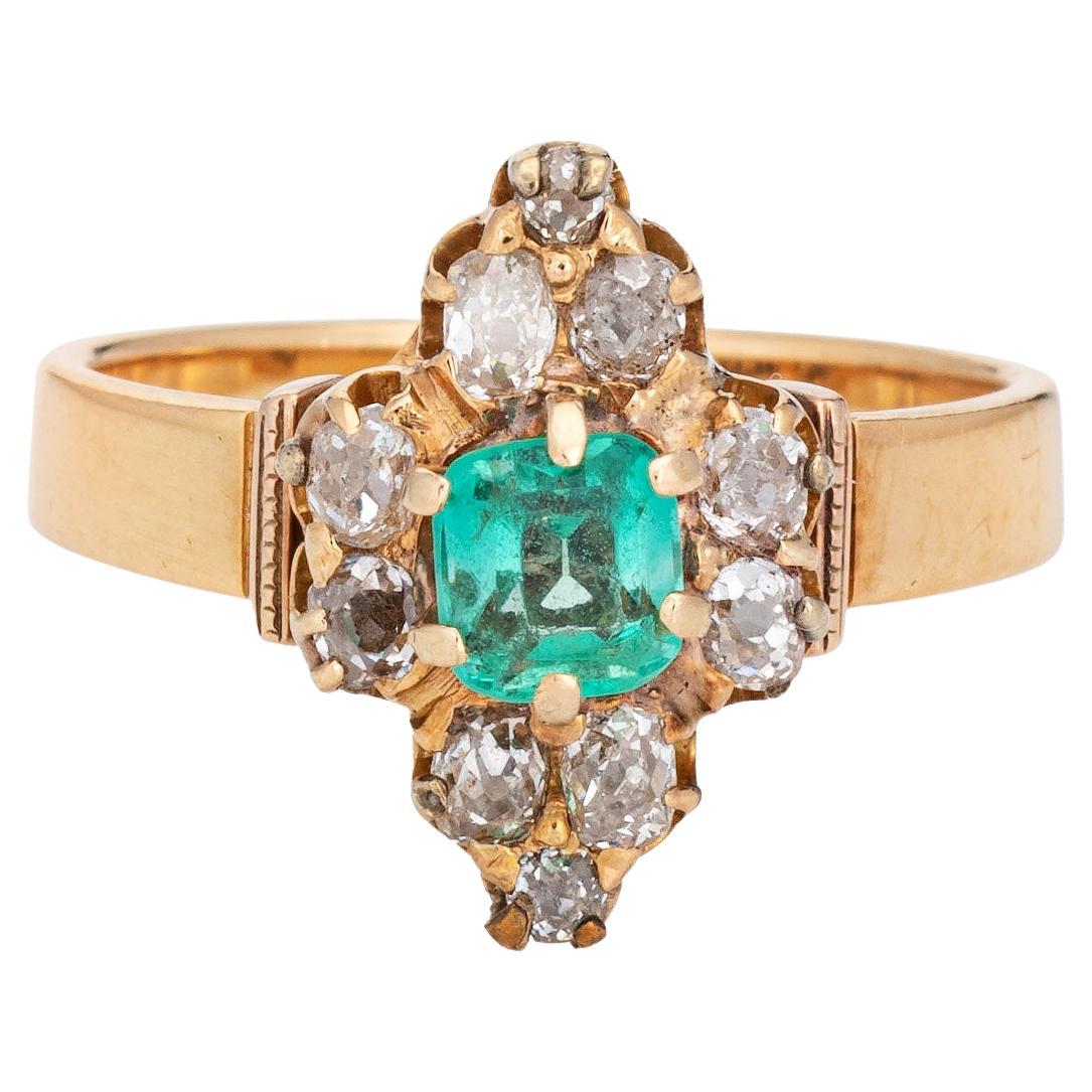 Antique Victorian Emerald Diamond Ring 18k Yellow Gold Vintage Fine Jewelry 5.5 For Sale