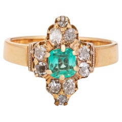 Antique Victorian Emerald Diamond Ring 18k Yellow Gold Vintage Fine Jewelry 5.5