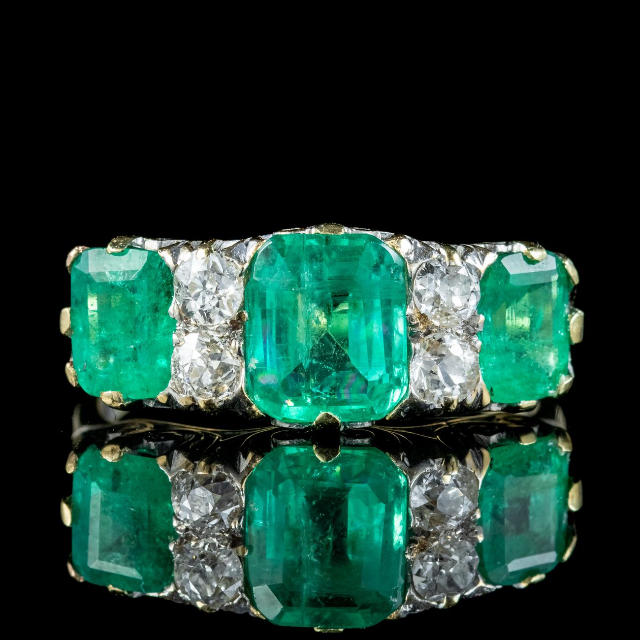 Old European Cut Antique Victorian Emerald Diamond Ring 3.07ct Emerald Dated 1900 With Cert For Sale