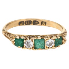 Antique Victorian Emerald Diamond Ring c1896 18k Yellow Gold Chester Band 7.25