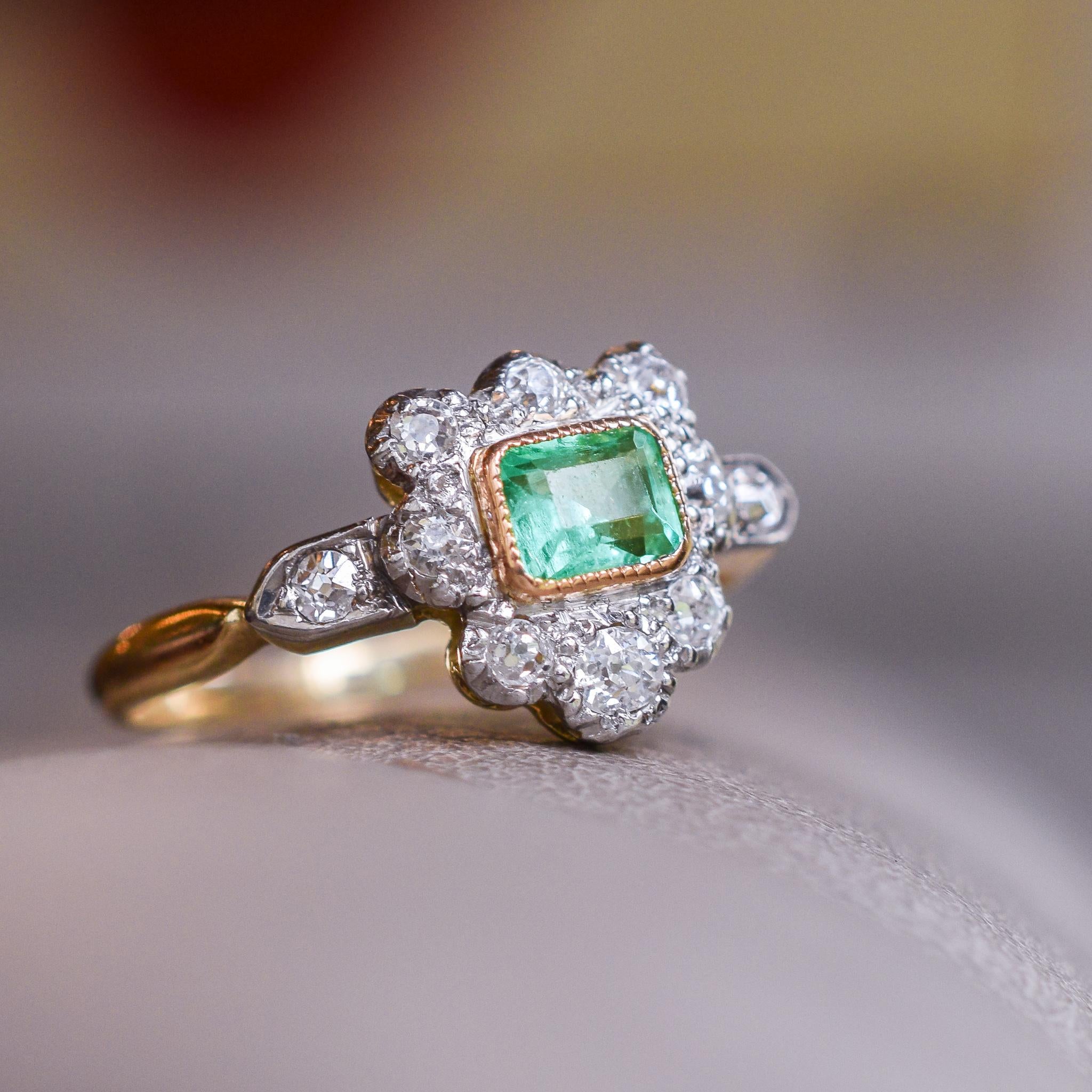 Antique Victorian Emerald Diamond Shield Cluster Ring 1