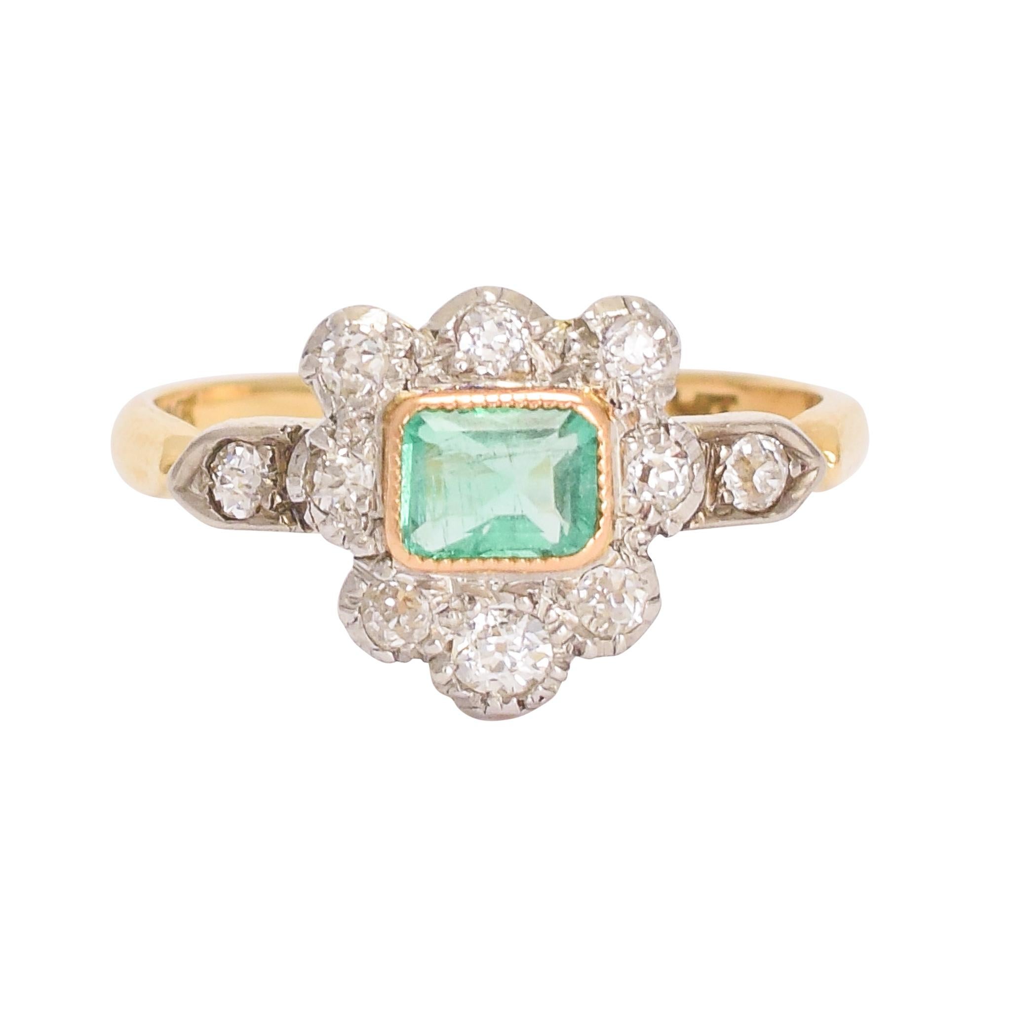 Antique Victorian Emerald Diamond Shield Cluster Ring