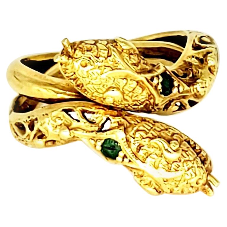 Antique Victorian Emerald Double Snake Ring 750 Gold For Sale