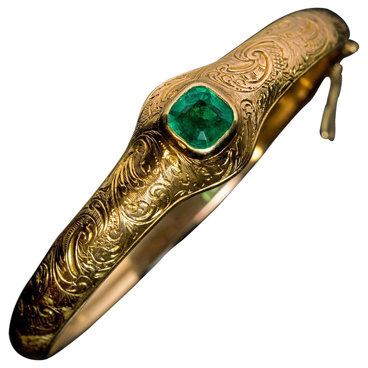 Antique Victorian Emerald Engraved Gold Bangle Bracelet