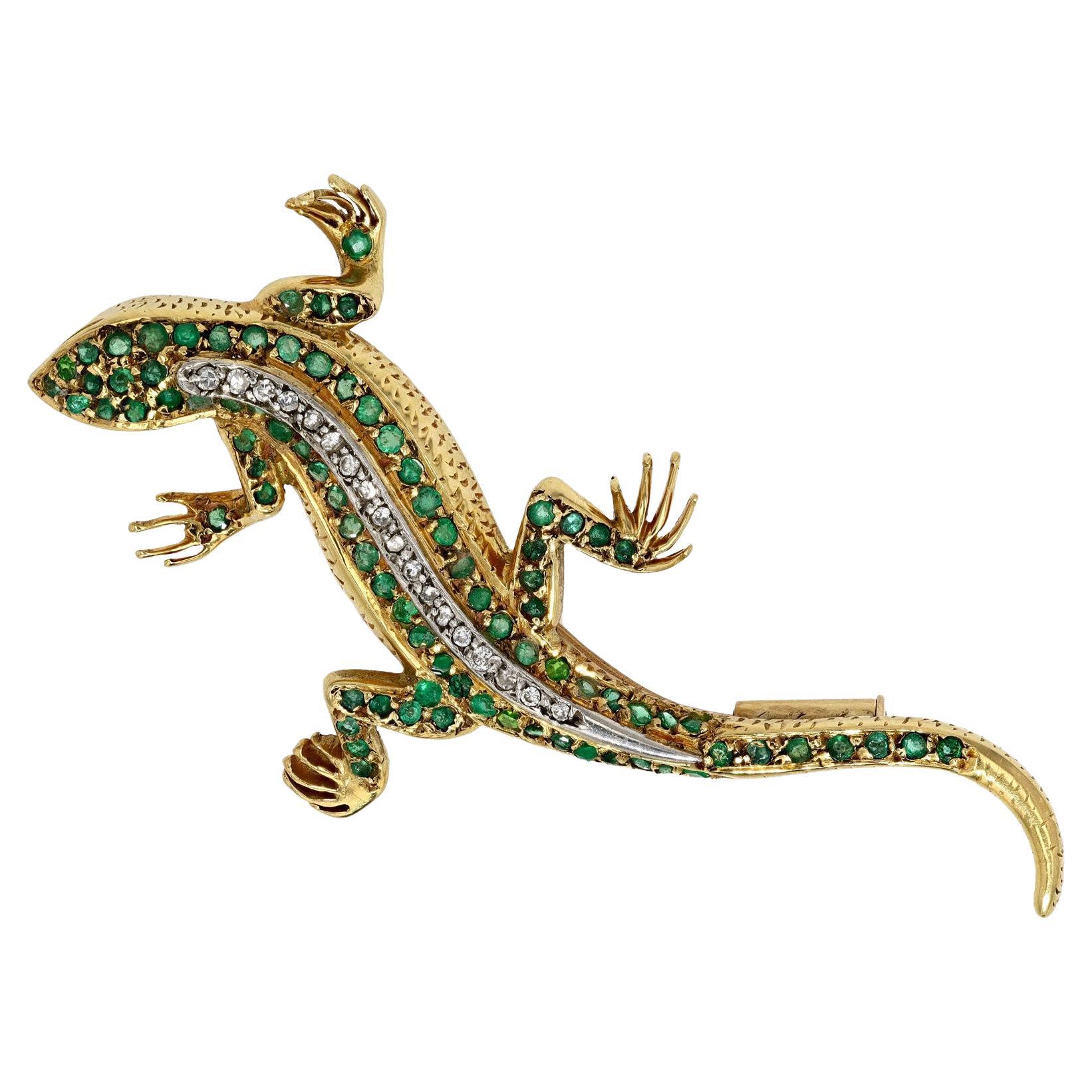 Late Victorian Antique Victorian Emerald Lizard Brooch Pin For Sale