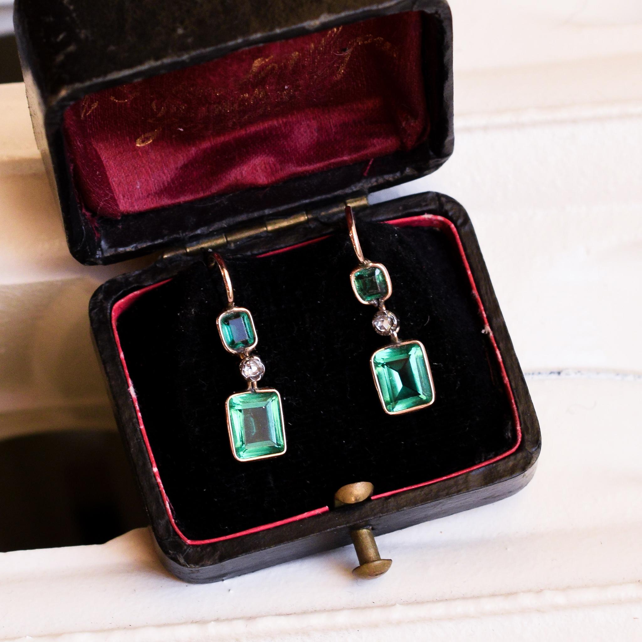 Antique Victorian Emerald Paste Diamond Earrings In Good Condition In Sale, Cheshire