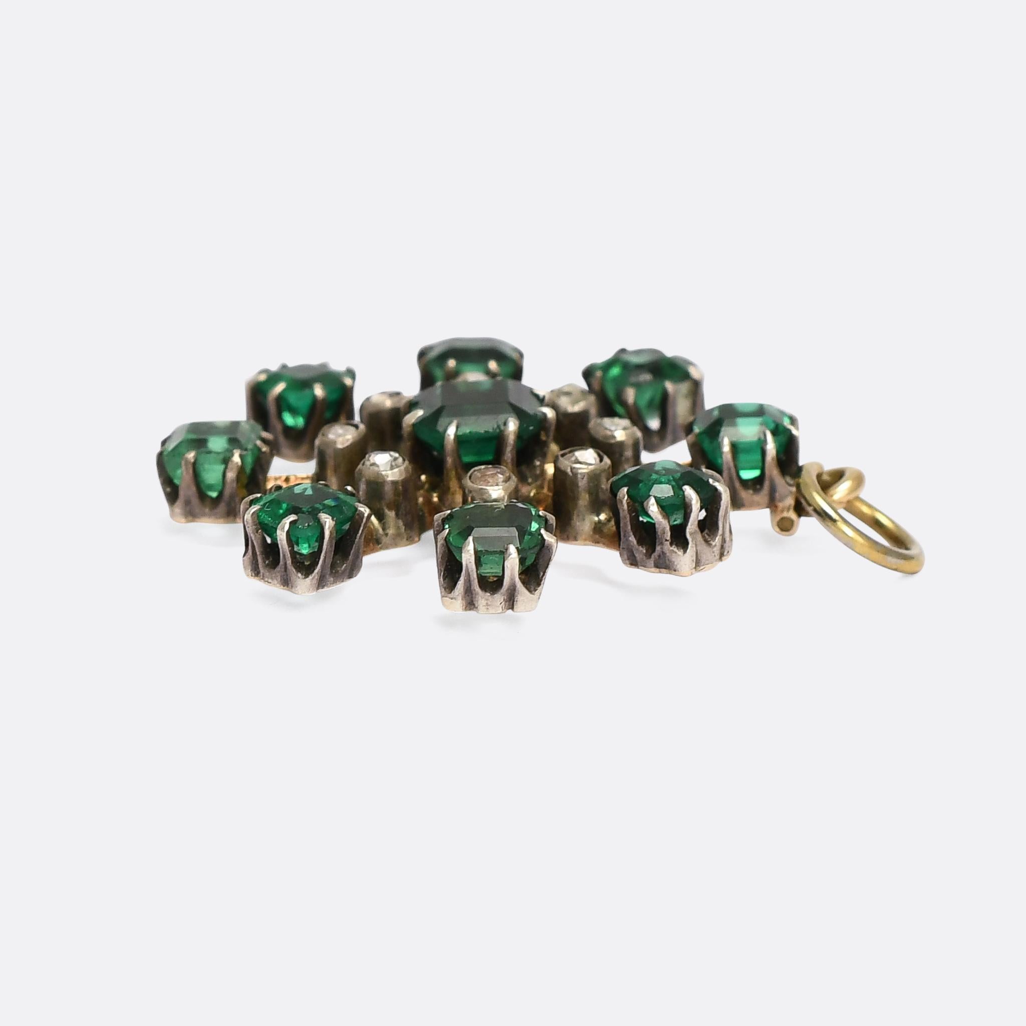Late Victorian Antique Victorian Emerald Paste & Diamond Starburst Pendant
