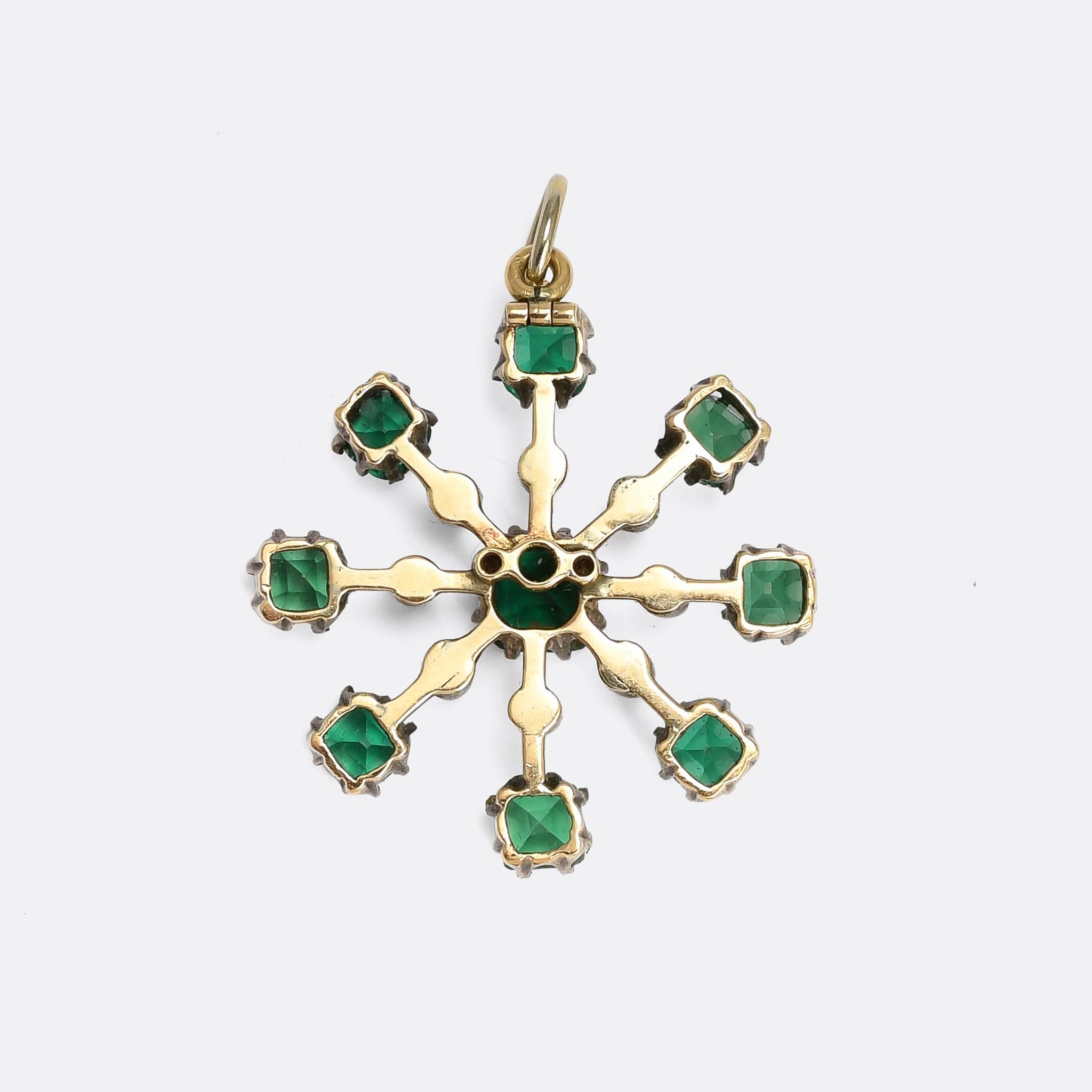 Rose Cut Antique Victorian Emerald Paste & Diamond Starburst Pendant