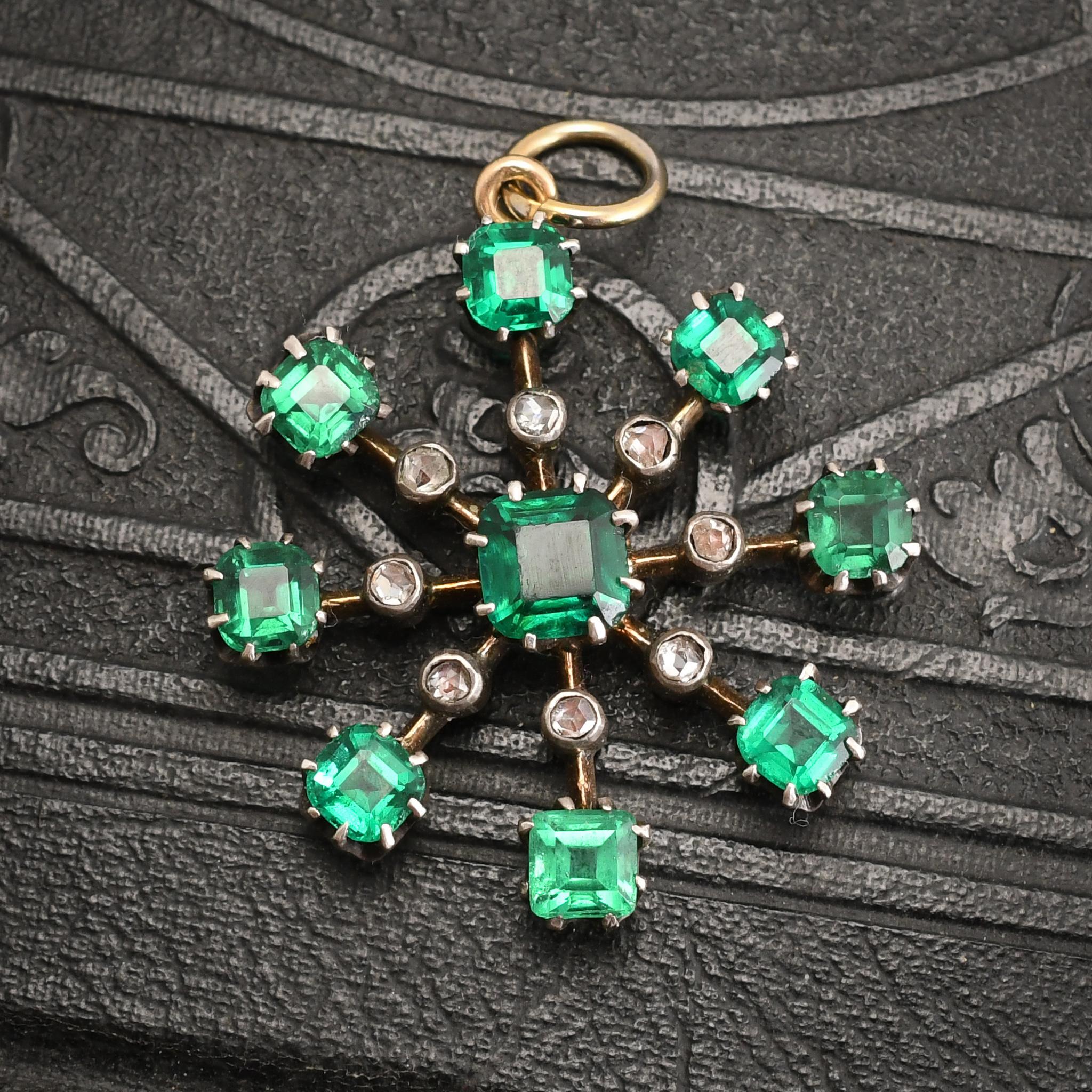 Antique Victorian Emerald Paste & Diamond Starburst Pendant In Good Condition In Sale, Cheshire