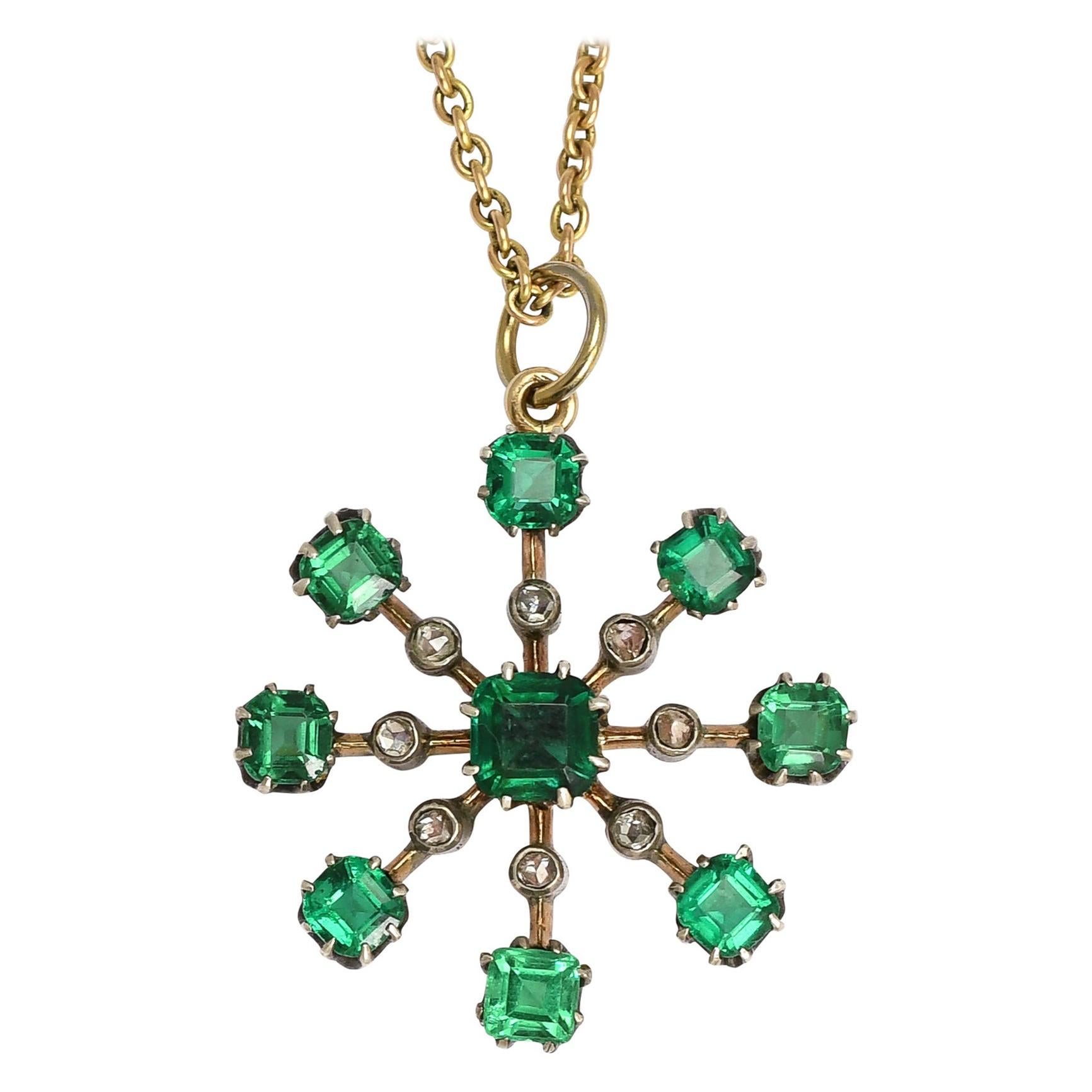 Antique Victorian Emerald Paste & Diamond Starburst Pendant