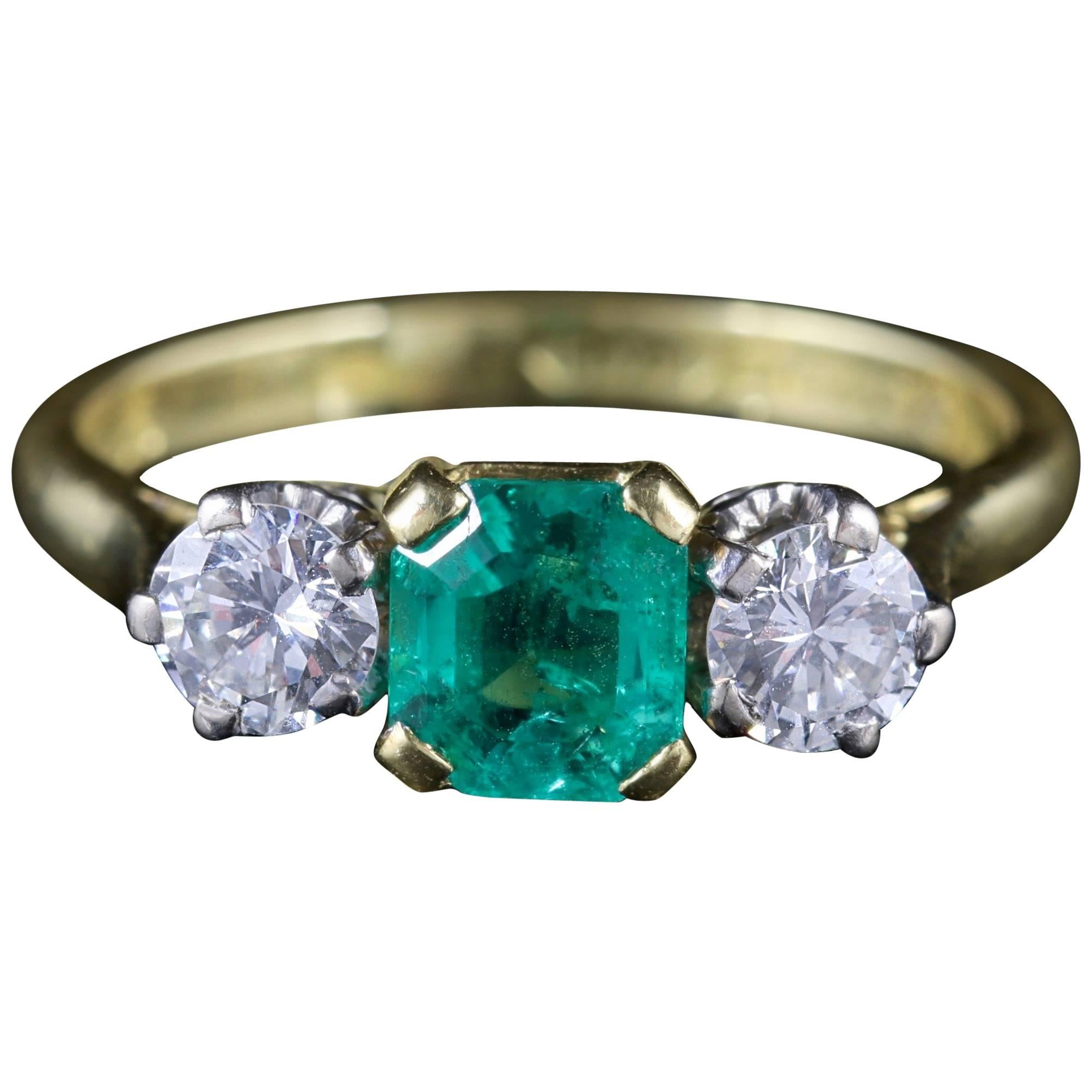 Antique Victorian Emerald Ring Diamond Trilogy Ring, circa 1900