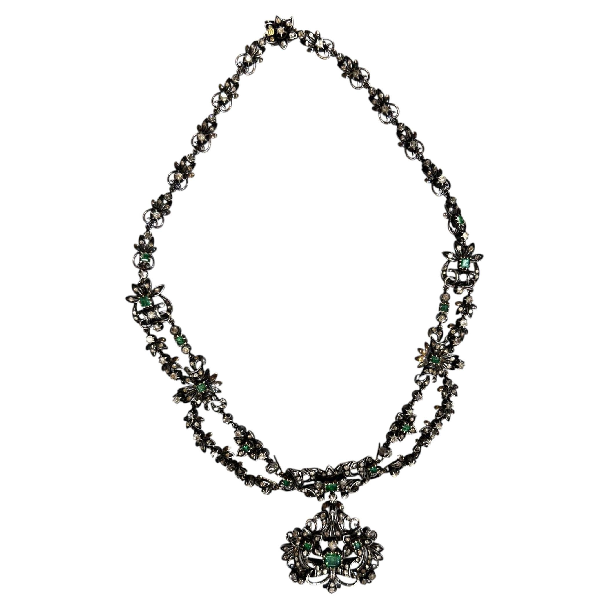 Antique Victorian Emerald Rose Cut Diamond Silver/Gold Parure Suite Necklace For Sale