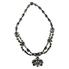 Antique Victorian Emerald Rose Cut Diamond Silver/Gold Parure Suite Necklace