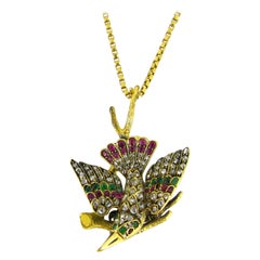 Antique Victorian Emerald, Ruby and Rose Cut Diamonds Bird on a Branch Pendant