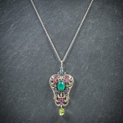 Antique Victorian Emerald Ruby Sapphire Pendant Necklace, circa 1880