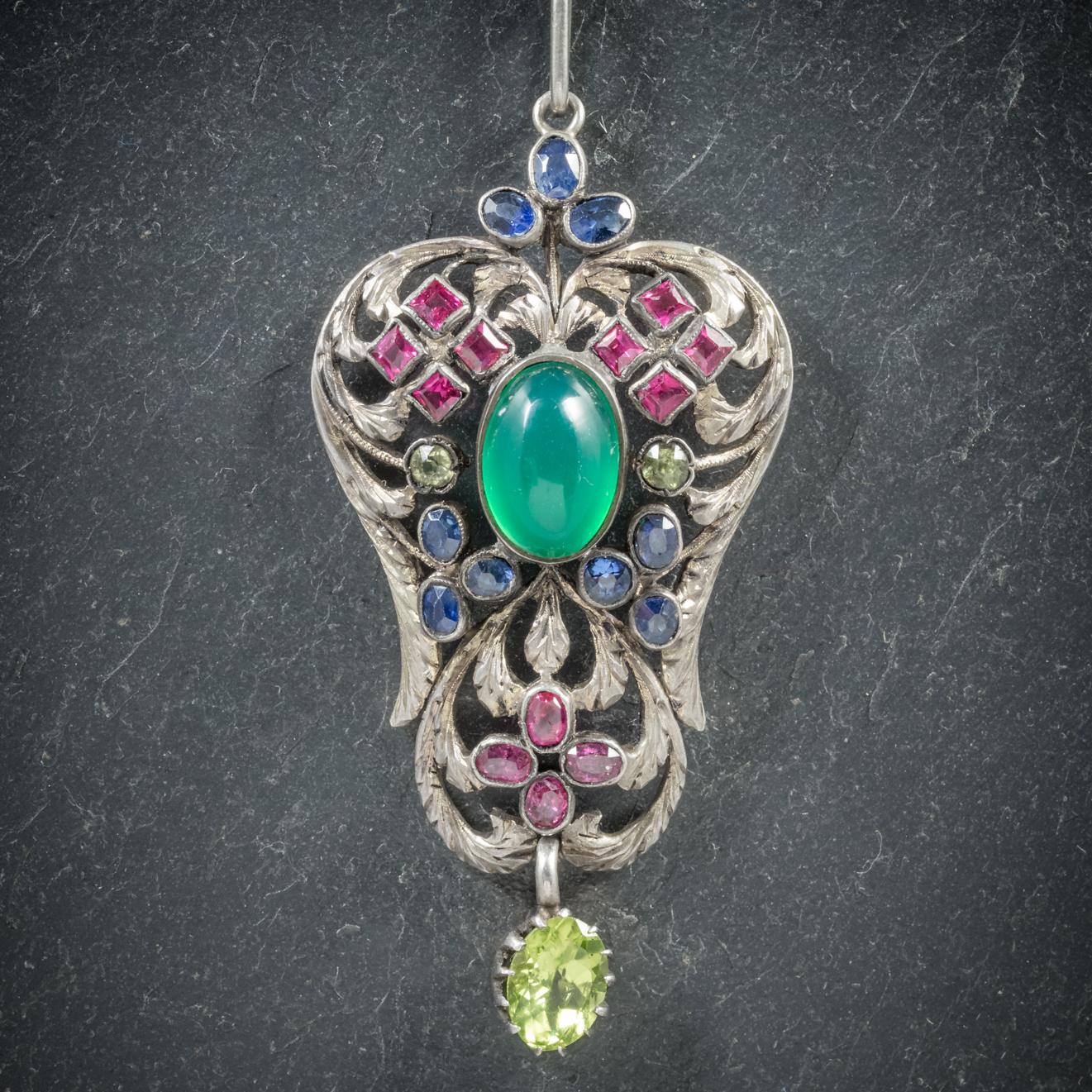 Antique Victorian Emerald Ruby Sapphire Pendant Necklace, circa 1880 In Excellent Condition In Lancaster , GB