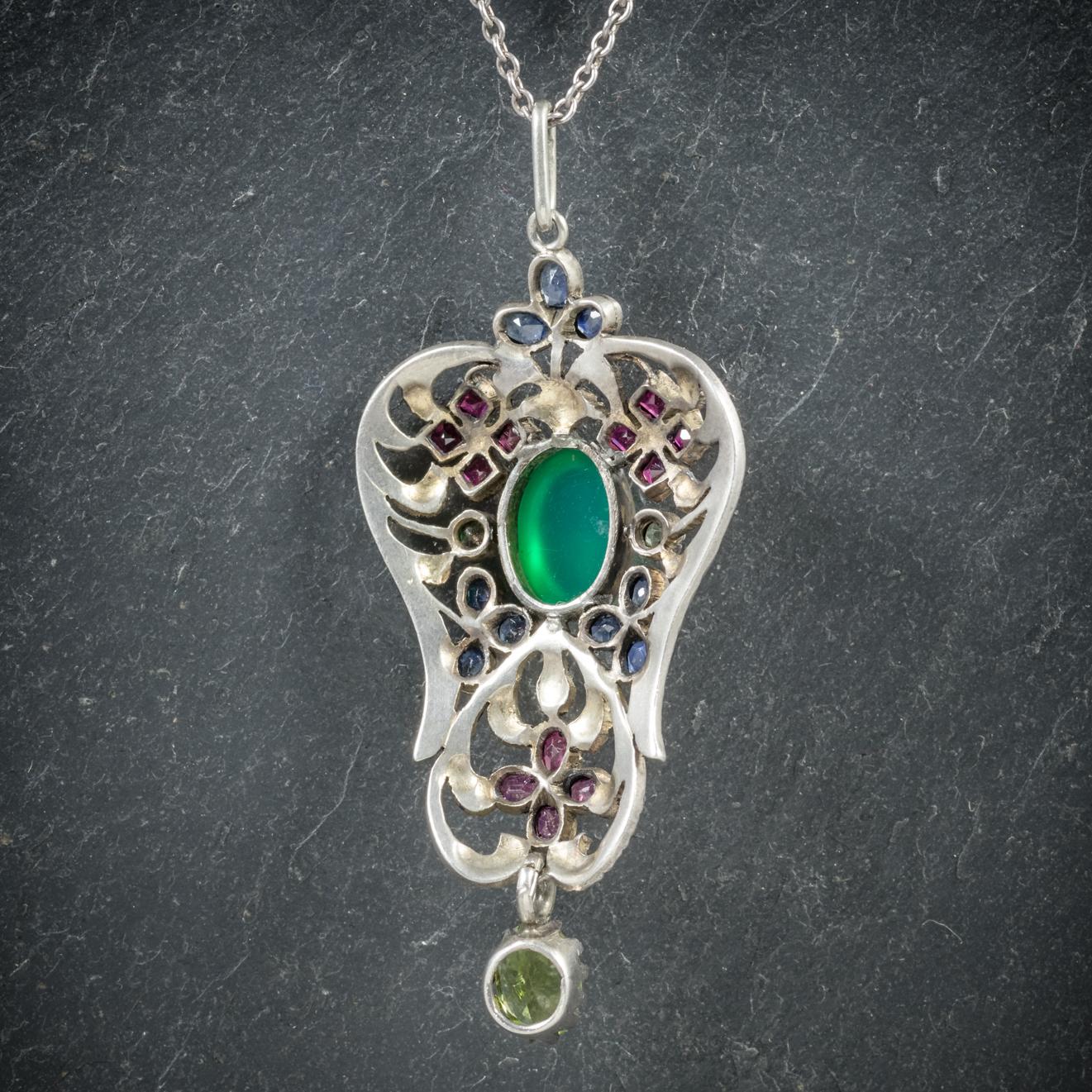 Women's Antique Victorian Emerald Ruby Sapphire Pendant Necklace, circa 1880
