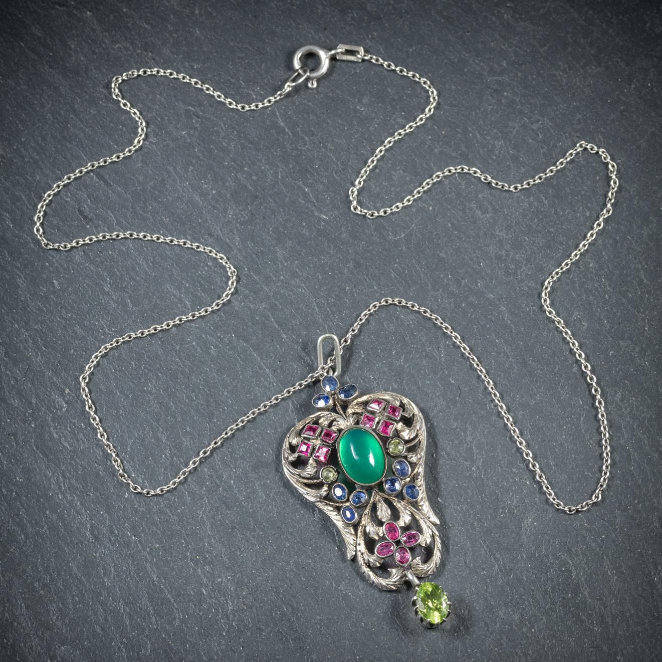 Antique Victorian Emerald Ruby Sapphire Pendant Necklace, circa 1880 1