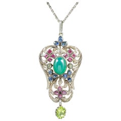 Antique Victorian Emerald Ruby Sapphire Pendant Necklace, circa 1880