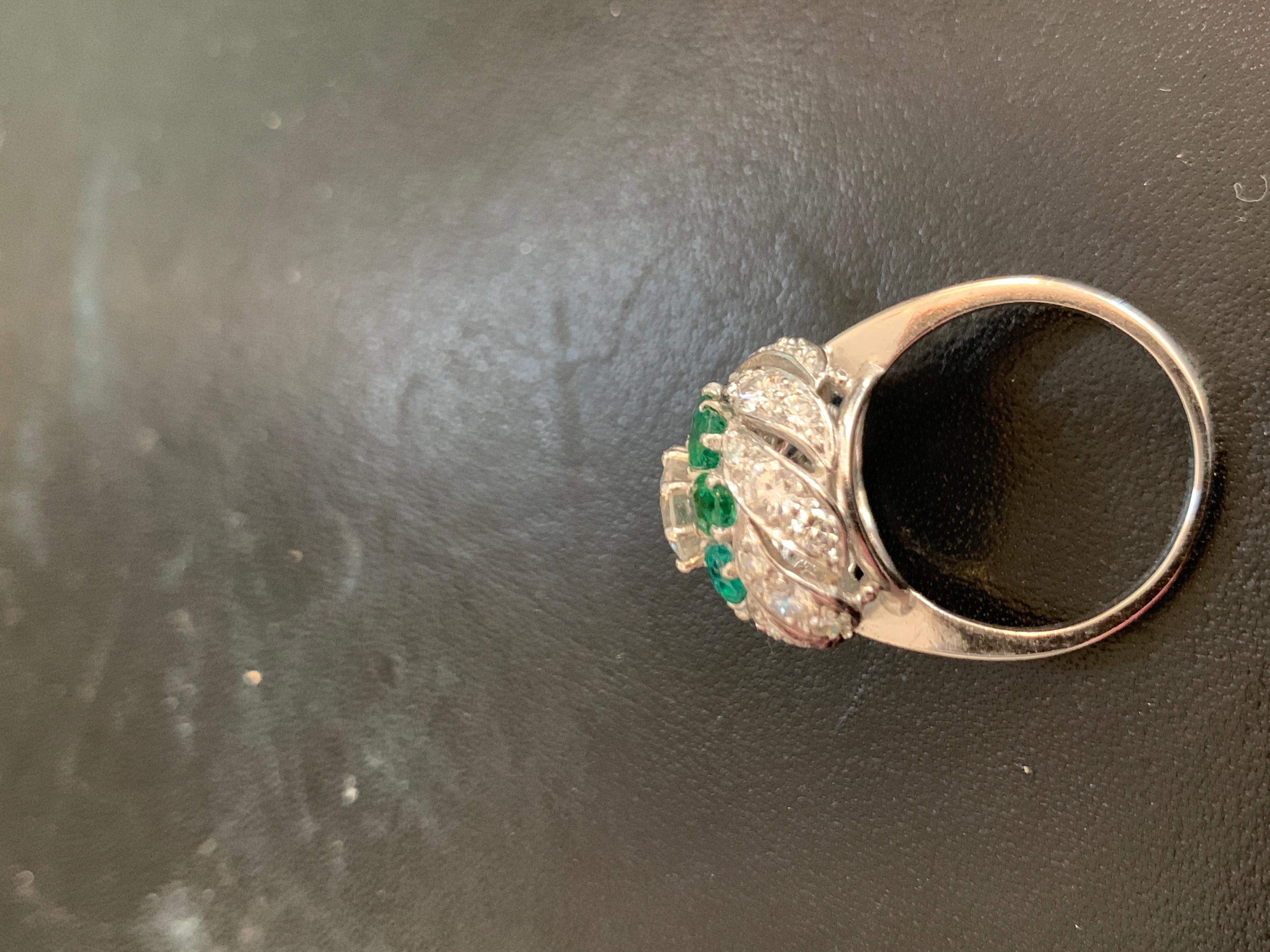 Round Cut Antique Victorian Emerald and Solitaire Diamond Ring in Platinum Estate For Sale