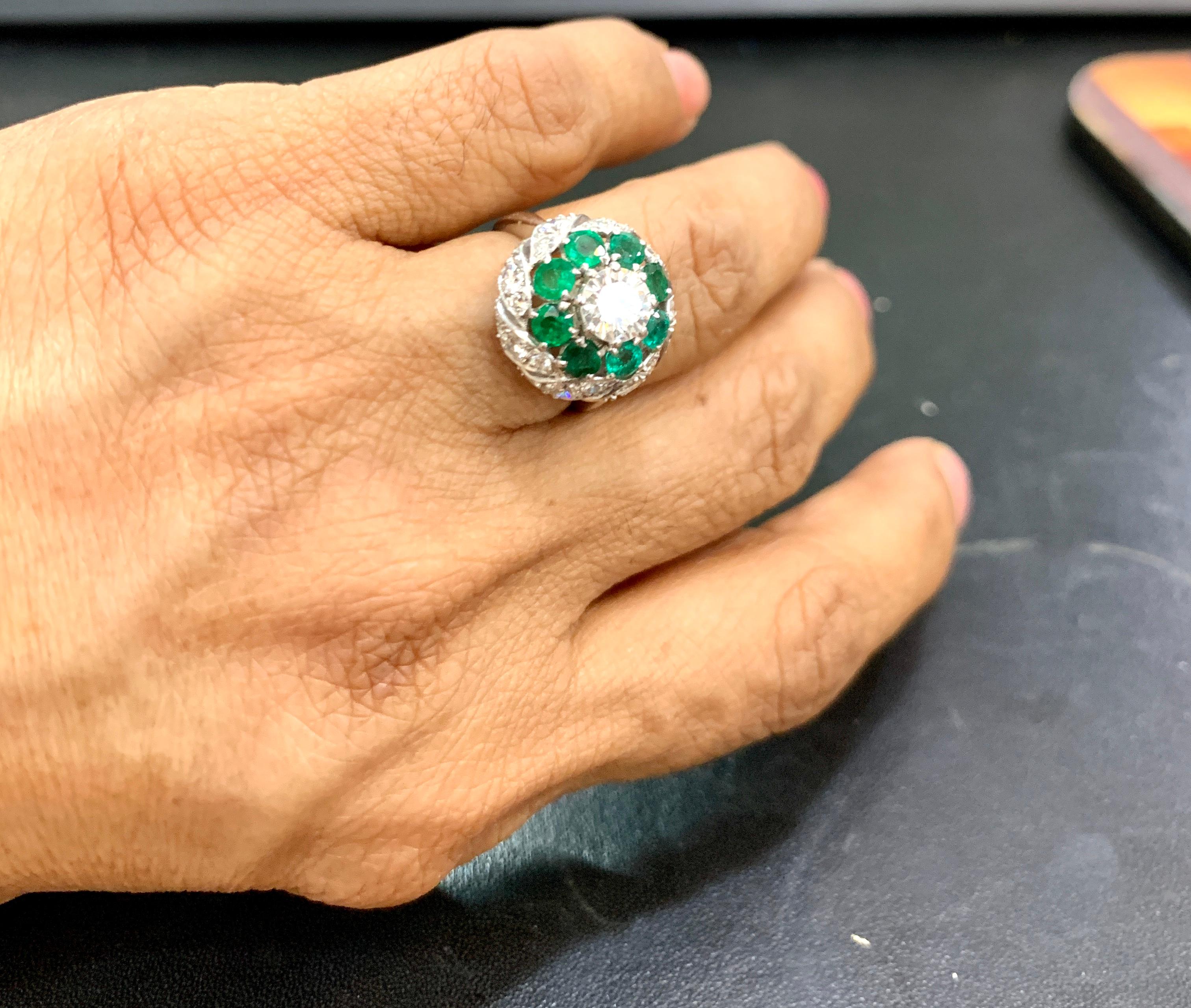 Antique Victorian Emerald and Solitaire Diamond Ring in Platinum Estate For Sale 1