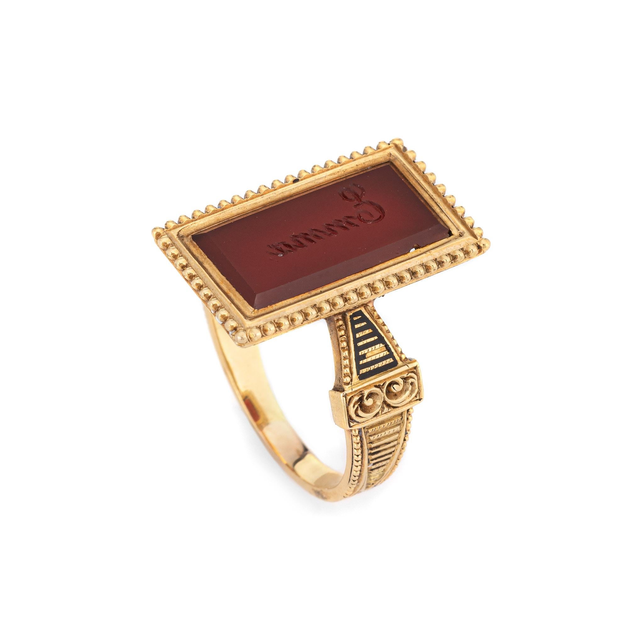 Beautifully detailed antique Victorian carnelian wax seal ring (circa 1880s to 1900s), crafted in 18 karat yellow gold. 

Carnelian measures 16mm x 7.5mm (in very good condition and free of cracks or chips). Few light surface abrasions visible under