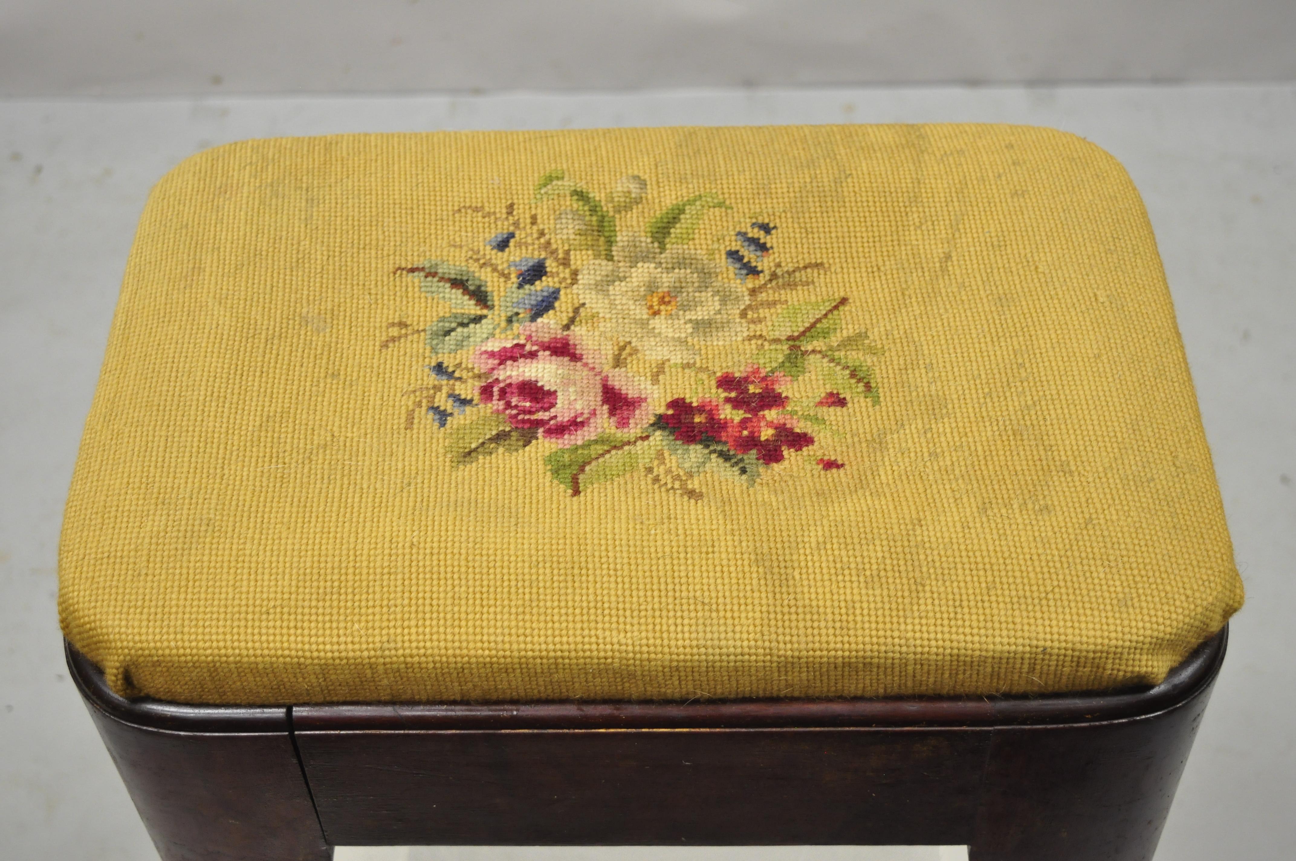 North American Antique Victorian Empire Crotch Mahogany Floral Needlepoint Footstool Ottoman