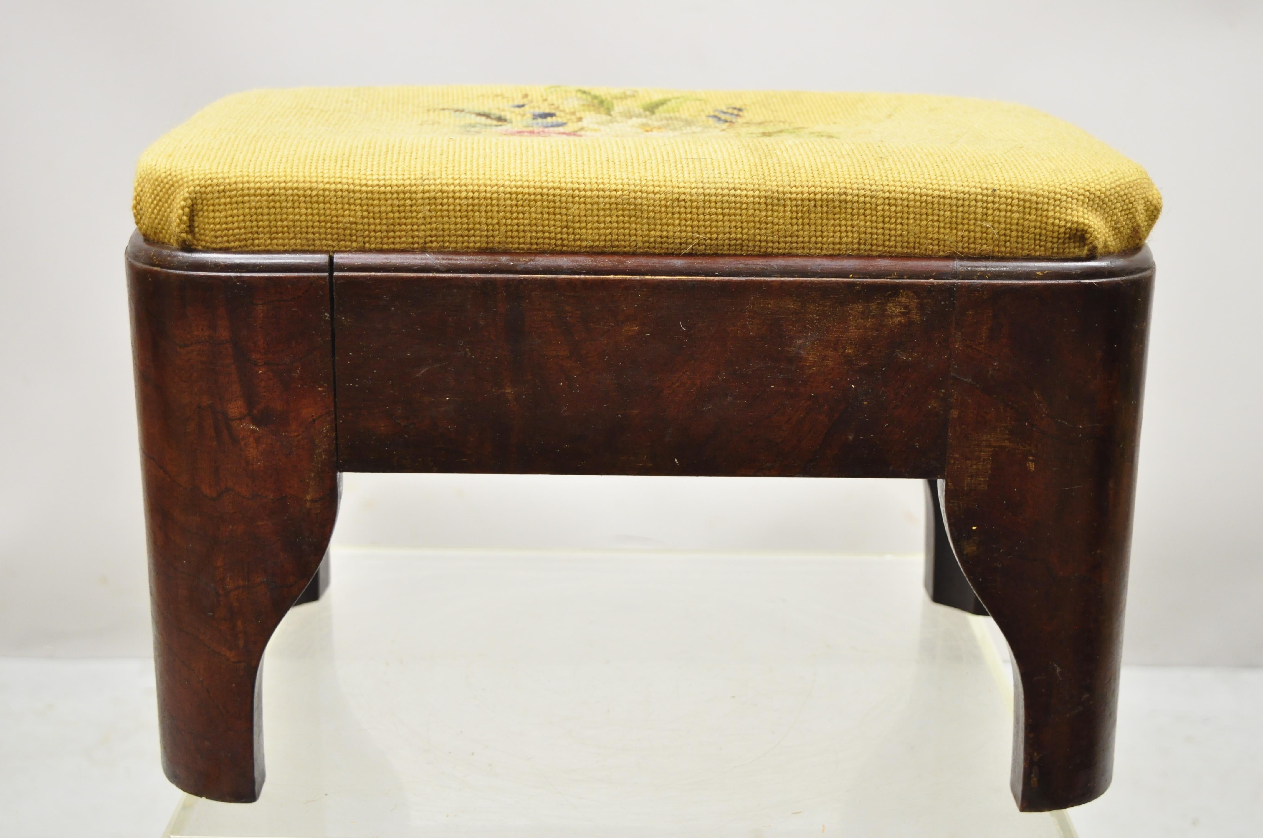 Antique Victorian Empire Crotch Mahogany Floral Needlepoint Footstool Ottoman In Good Condition In Philadelphia, PA