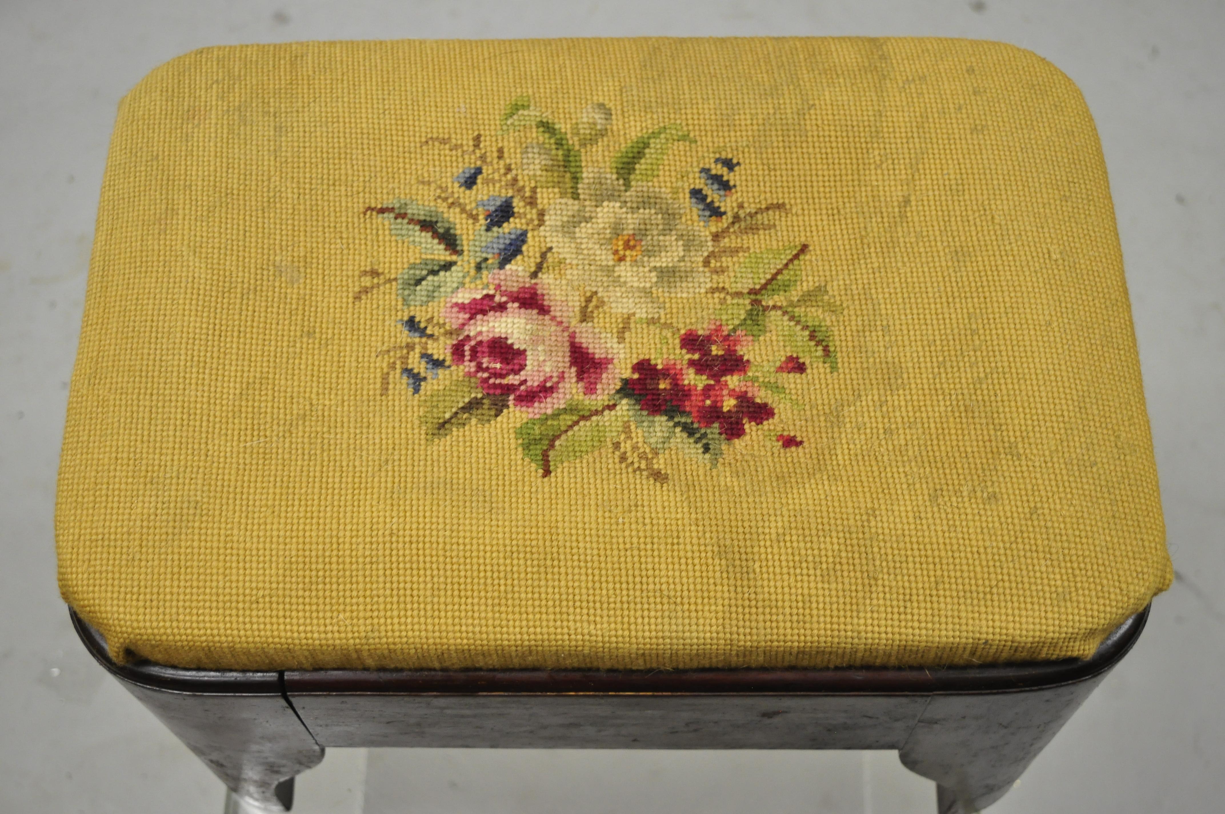 Fabric Antique Victorian Empire Crotch Mahogany Floral Needlepoint Footstool Ottoman