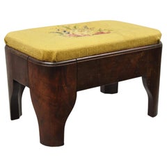 Antique Victorian Empire Crotch Mahogany Floral Needlepoint Footstool Ottoman