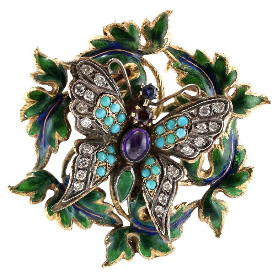 Antique Victorian Enamel and Multi-Gem Butterfly Brooch Pendant