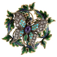 Antique Victorian Enamel and Multi-Gem Butterfly Brooch Pendant