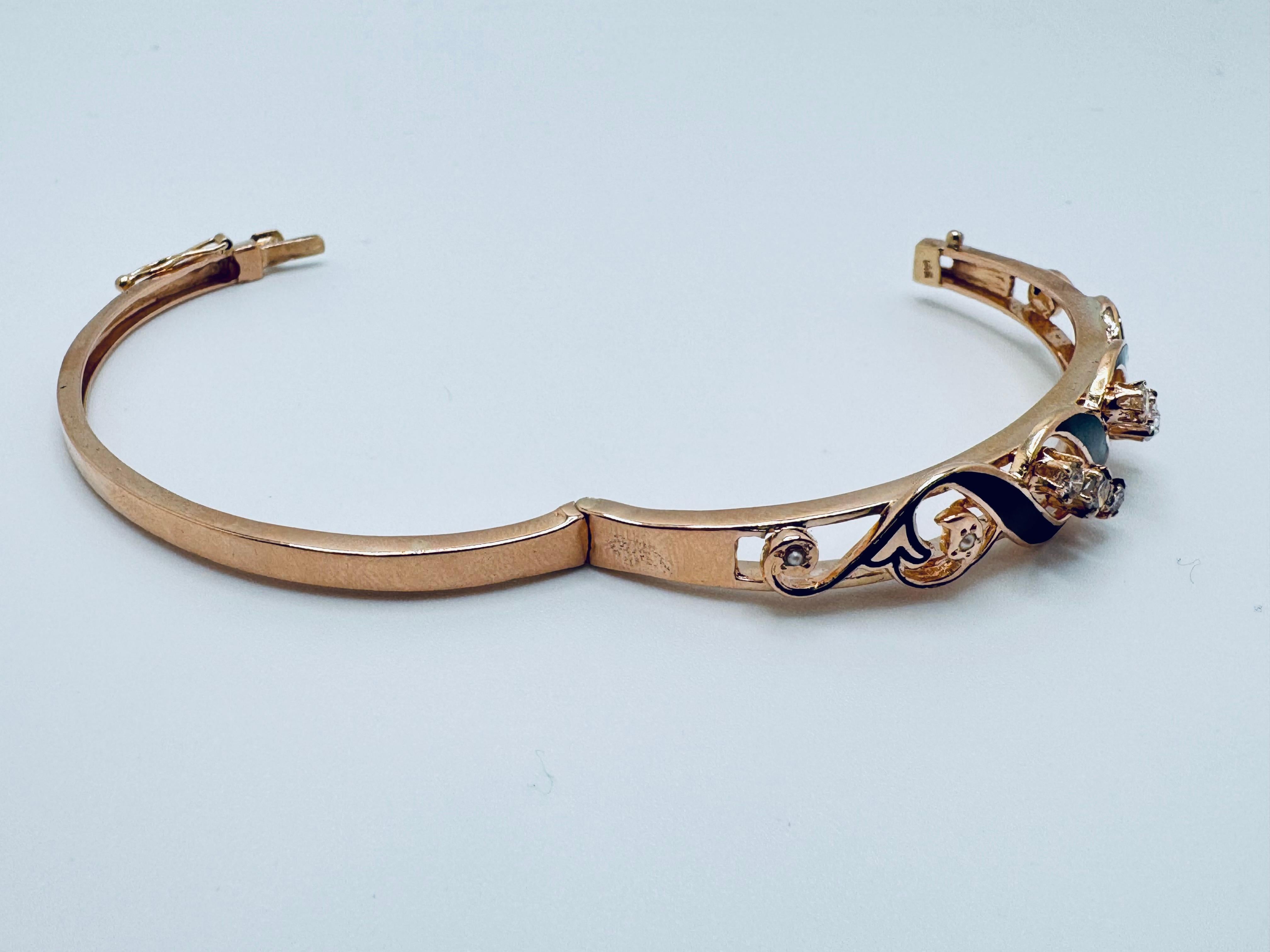Antique Victorian Enamel Bangle with Old Mine Cut Diamonds For Sale 5