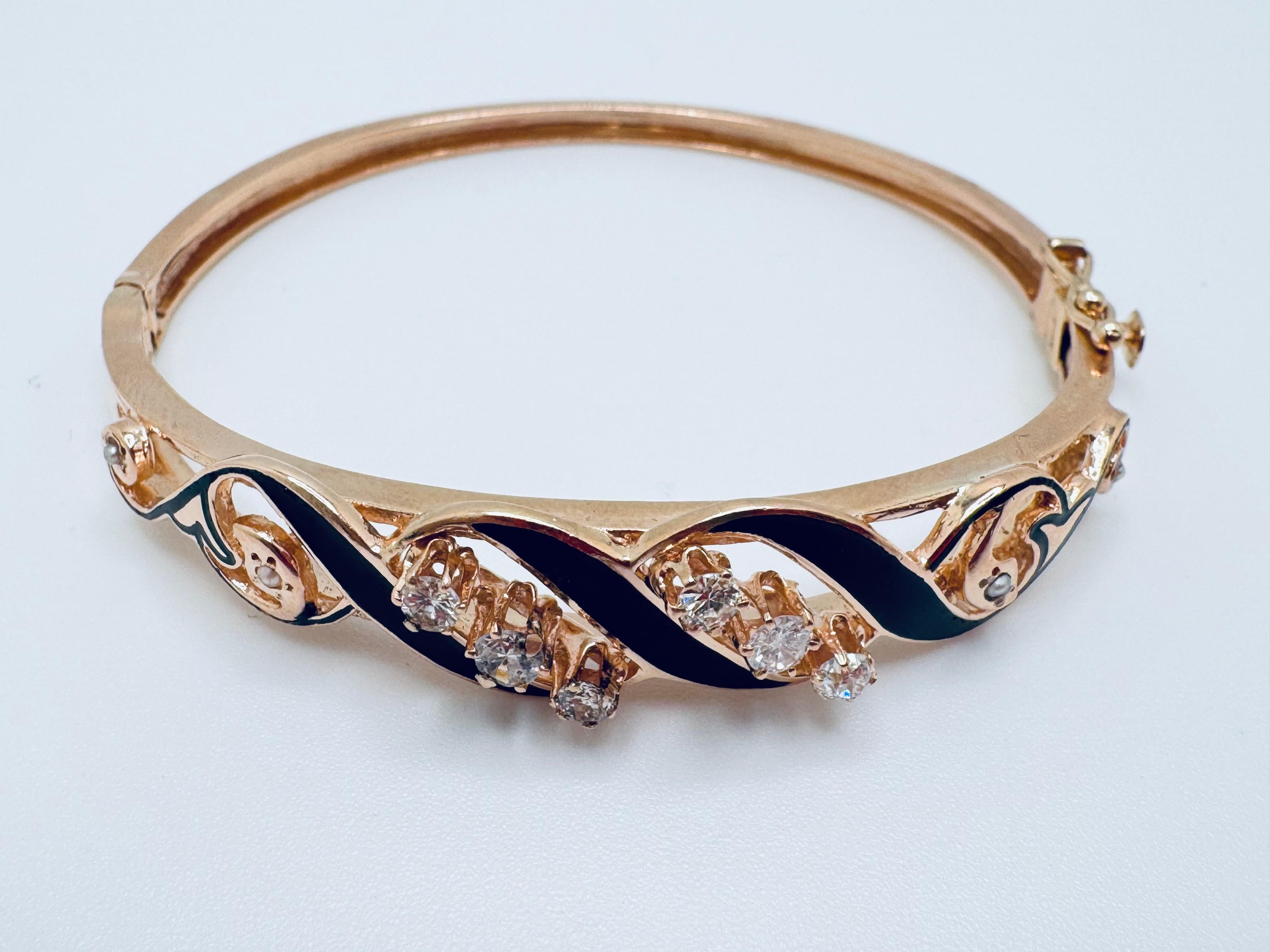 Early Victorian Antique Victorian Enamel Bangle with Old Mine Cut Diamonds For Sale