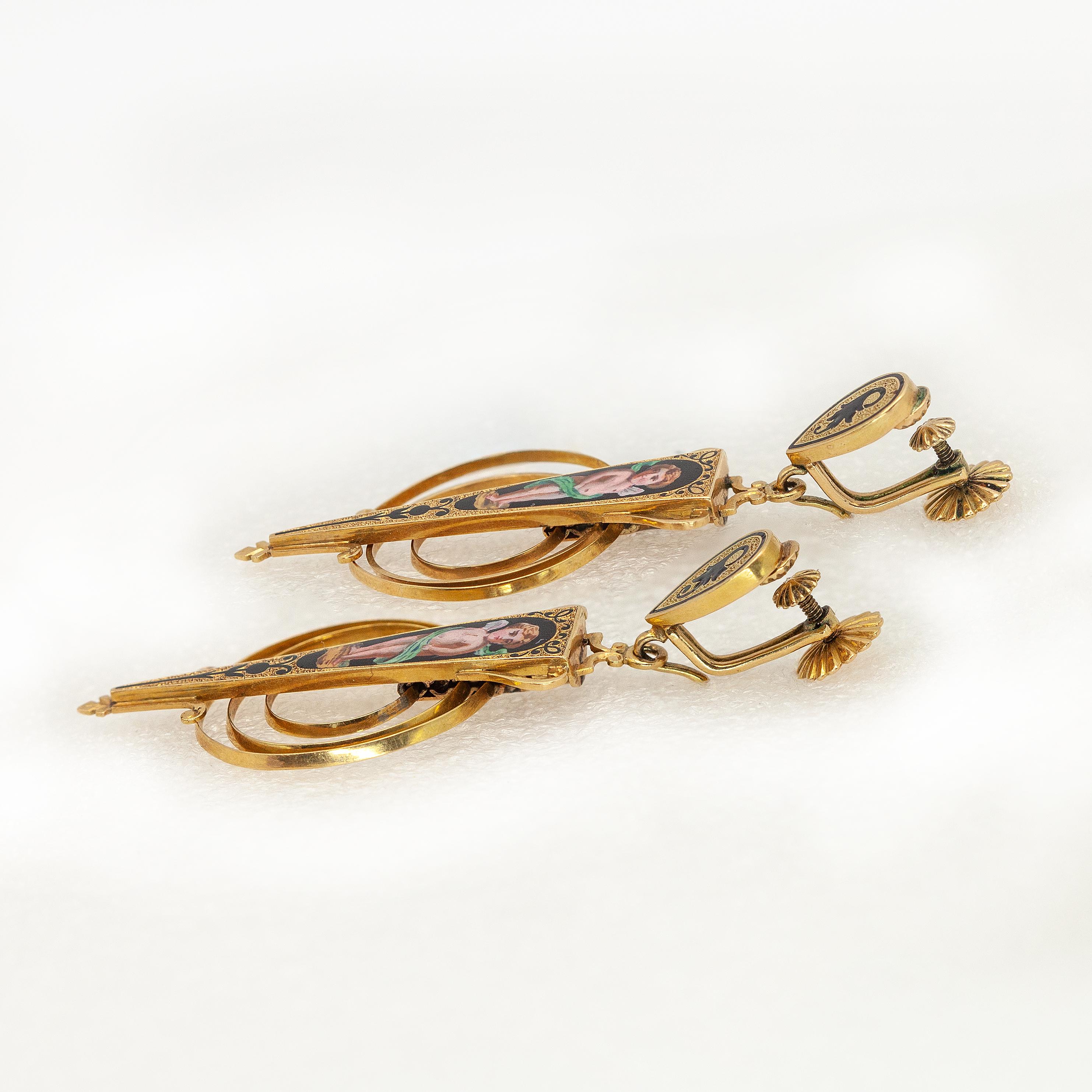Antique Victorian Enamel Cherub Earrings and Brooch Set in 18K Gold c. 1900 en venta 7