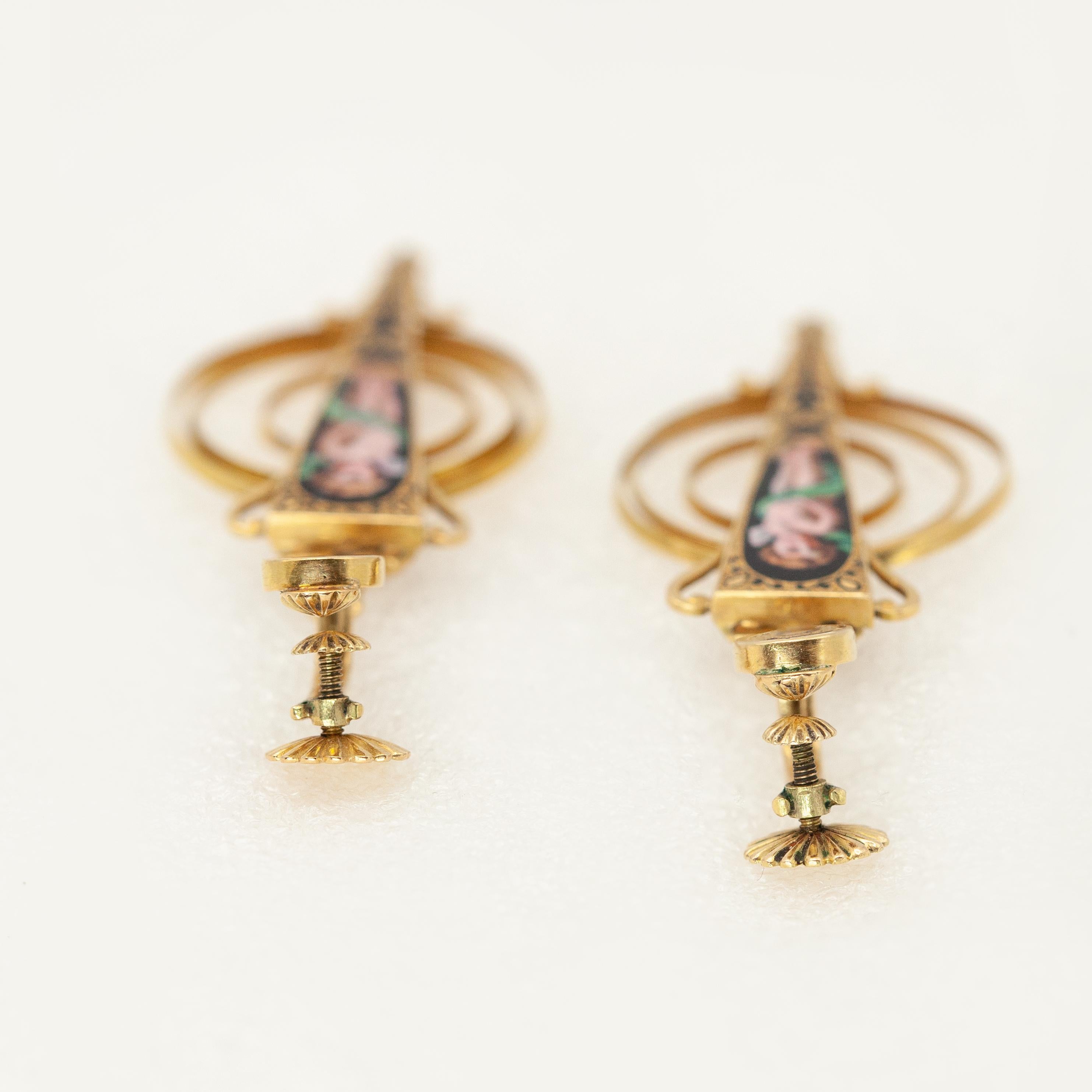 Antique Victorian Enamel Cherub Earrings and Brooch Set in 18K Gold c. 1900 en venta 8