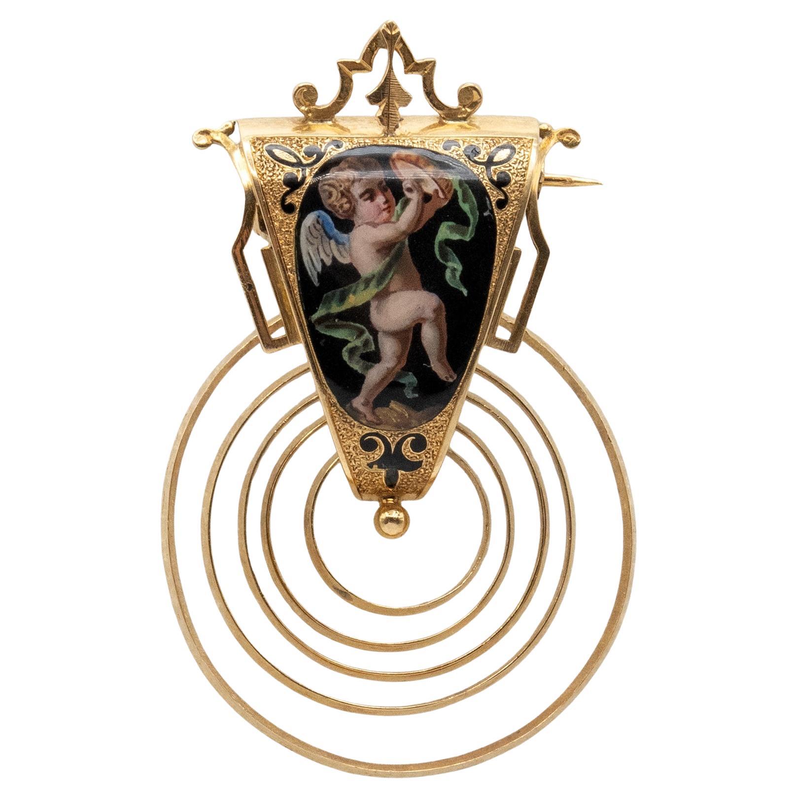 De las mujeres Antique Victorian Enamel Cherub Earrings and Brooch Set in 18K Gold c. 1900 en venta