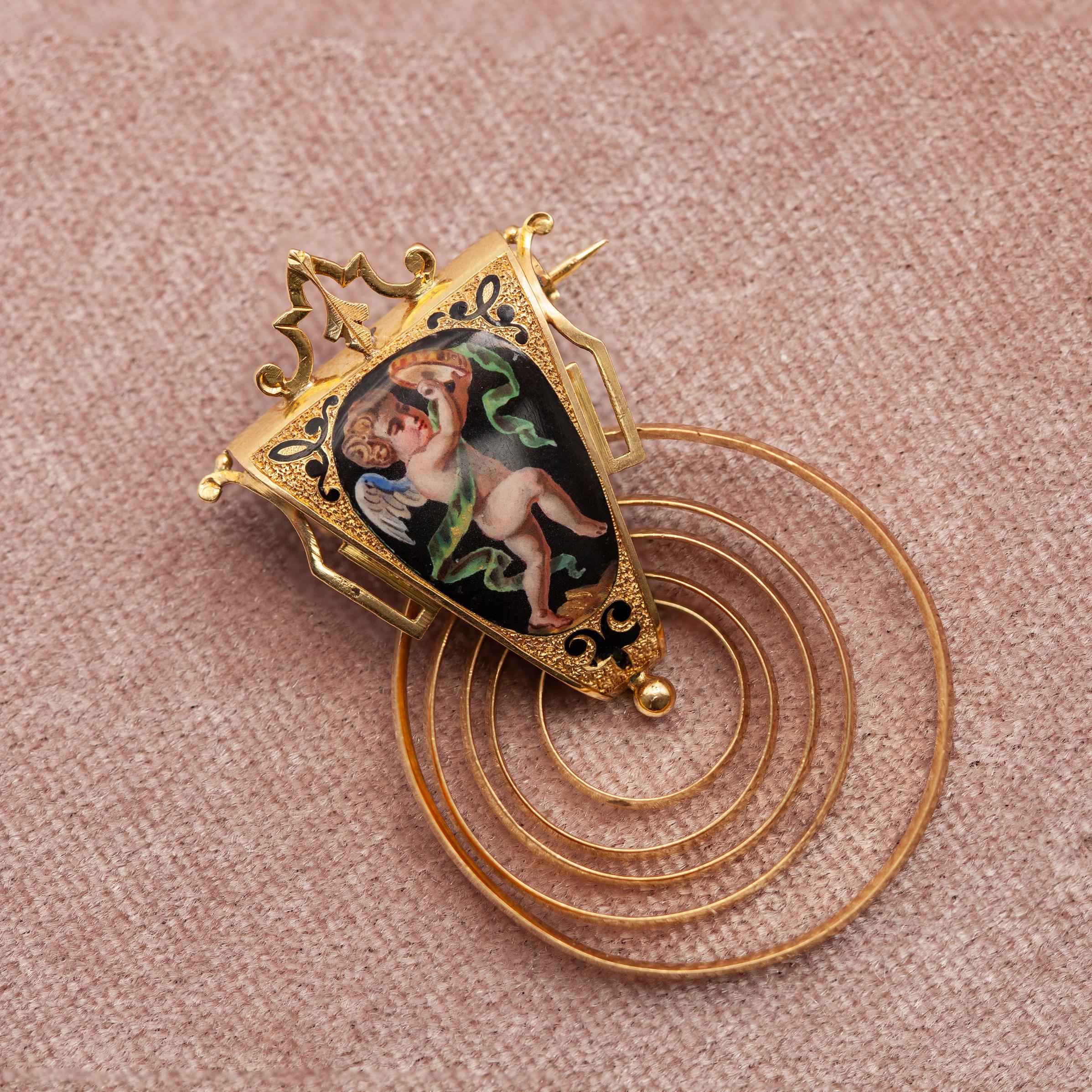 Antique Victorian Enamel Cherub Earrings and Brooch Set in 18K Gold c. 1900 en venta 1